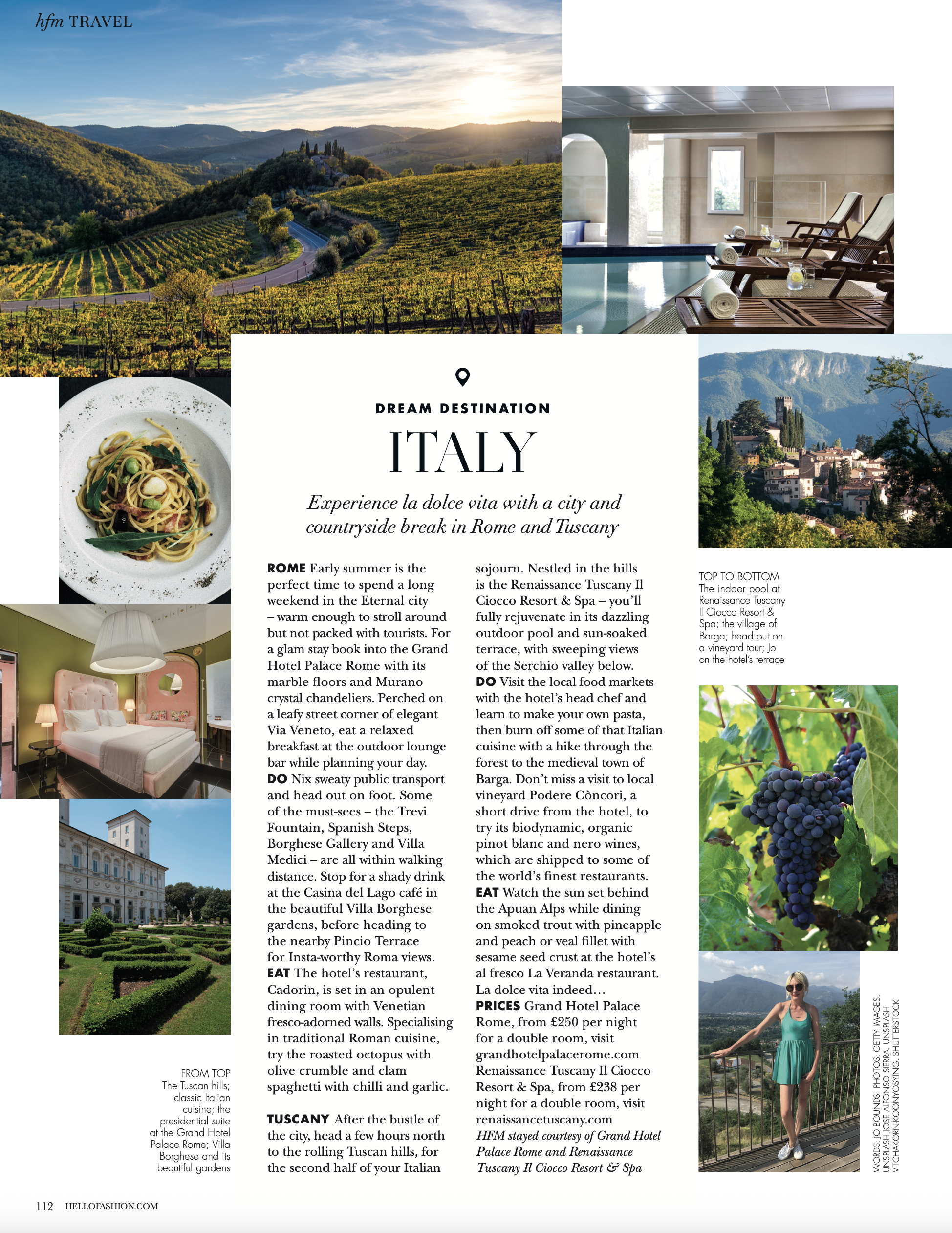 A travel magazine page promoting Italy, featuring a scenic vineyard landscape with rolling hills at sunset, an indoor spa with lounge chairs, a plate of pasta, a cityscape of Italian buildings, a vineyard close-up, and a woman in sunglasses standing on a terrace overlooking mountains.