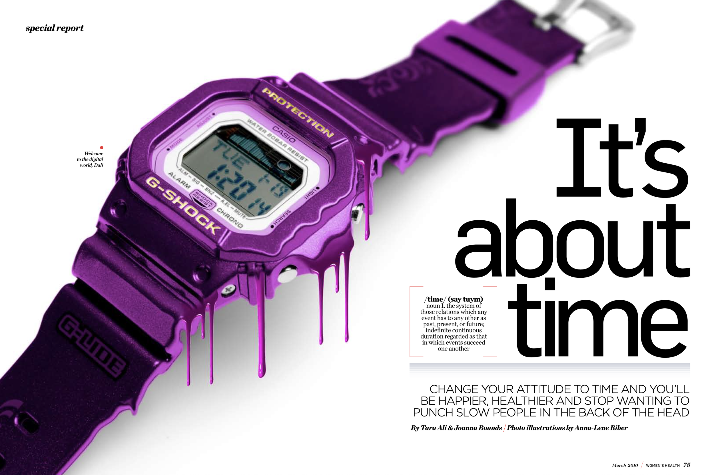 A digital purple Casio G-Shock watch with dripping paint effect, accompanied by text about time and attitude.