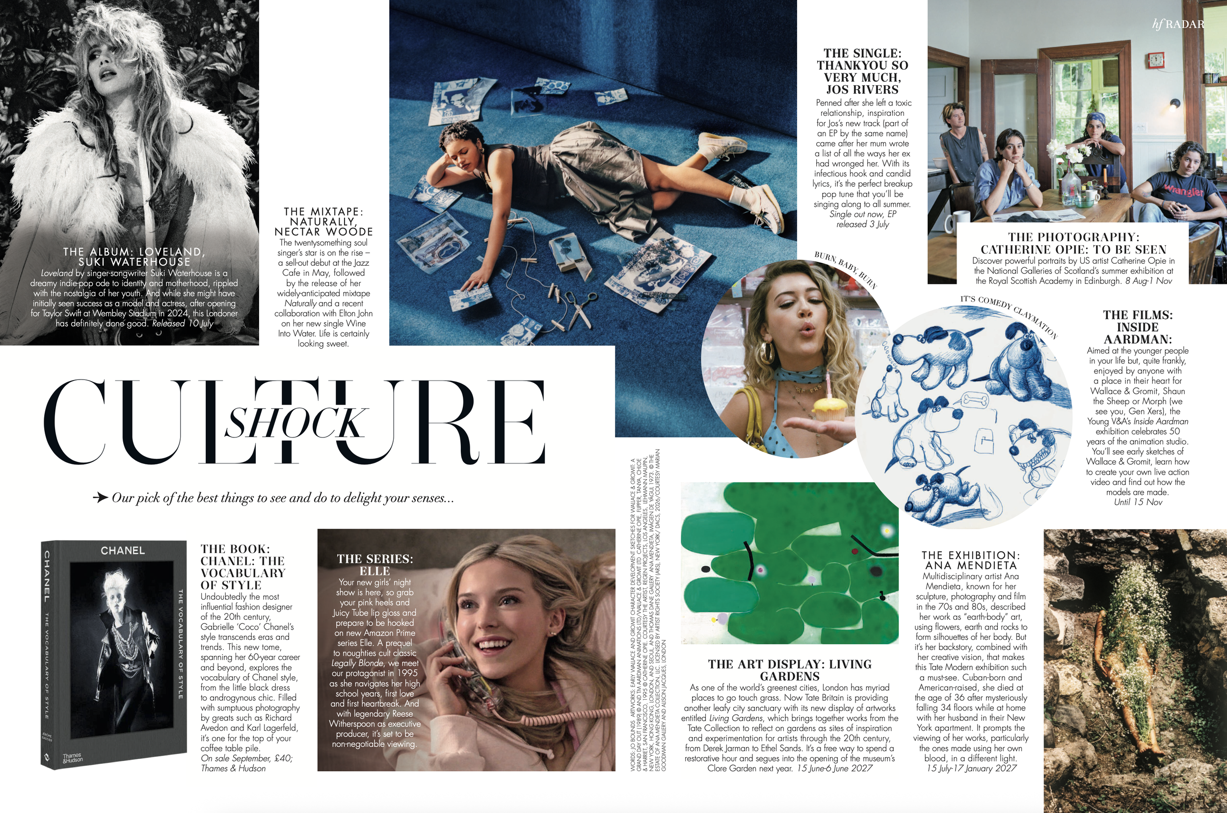 A collage of magazine or newspaper pages featuring various images, articles, and artwork, including a black and white photo of a woman, a woman lying on a blue carpet with scattered magazines, a group of women at a table, a drawing of a cartoon dog, and a smiling girl talking on a phone.