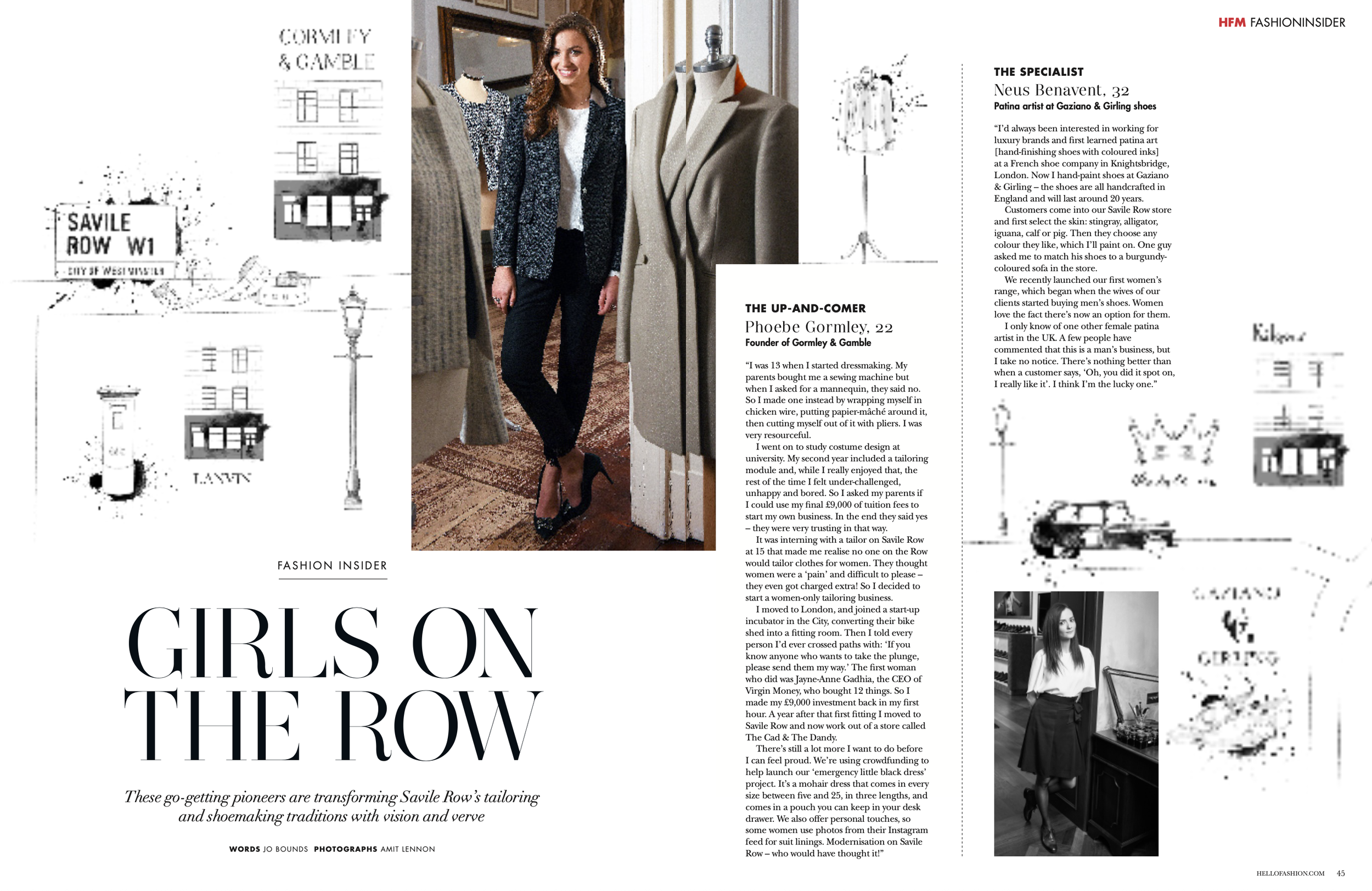 A magazine page showing a woman in a fashion boutique, surrounded by mannequins and fabric, with text about fashion designers and their work.