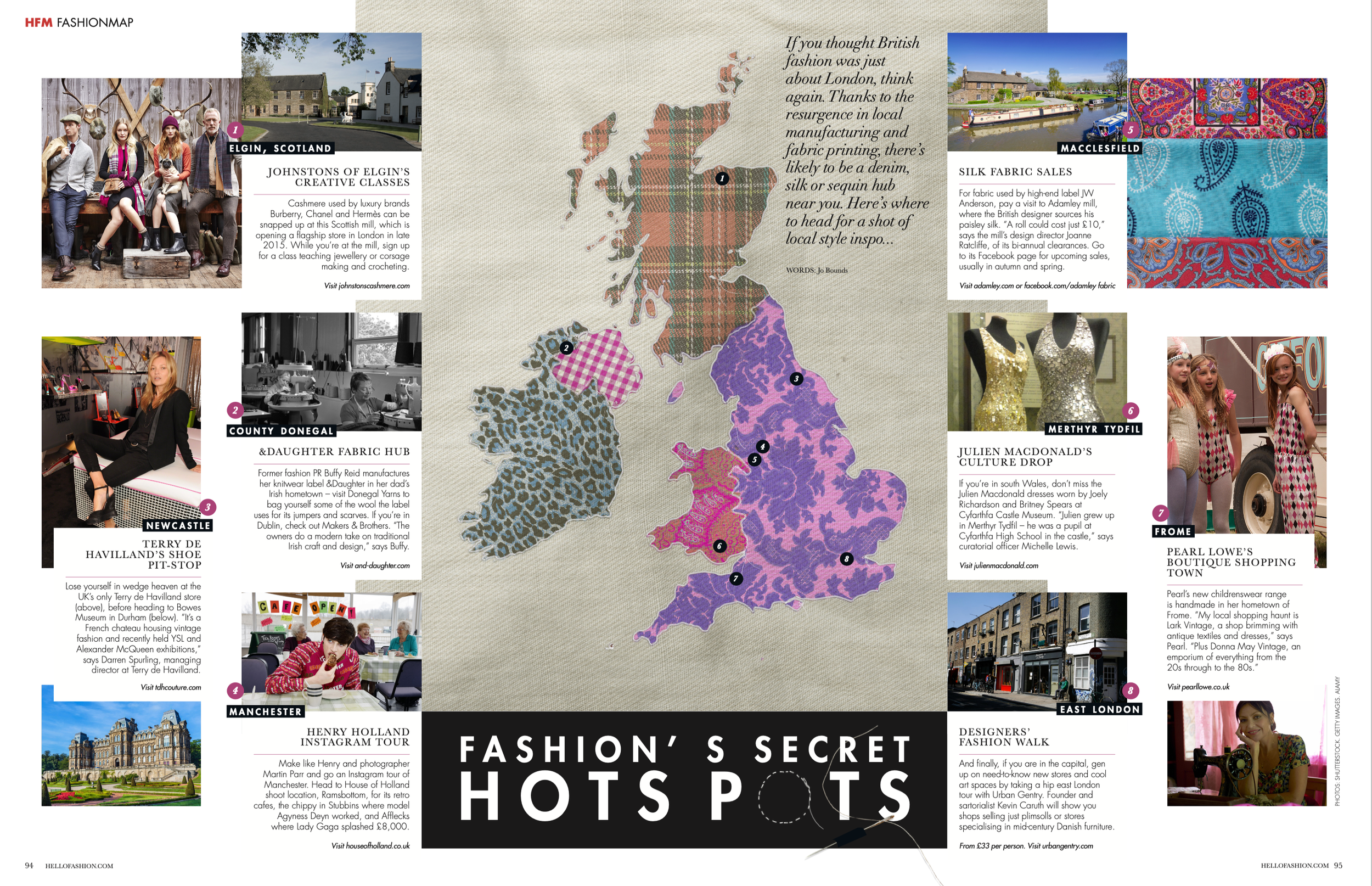 A map of the United Kingdom showing various regions with numbered labels indicating different fashion hotspots. Surrounding the map are images and descriptions of locations in Scotland, Ireland, Newcastle, Manchester, and other cities, highlighting fashion-related businesses and attractions.