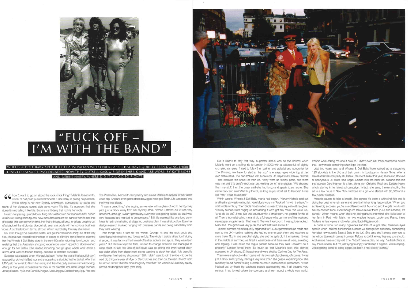 Photograph of four women dressed in retro clothing, standing outdoors with a car in the background, on the left side of the page. On the right side, a city street scene with people, cars, and a small crowd gathered around a display with a portrait of a woman, with tall buildings and city lights in the background.
