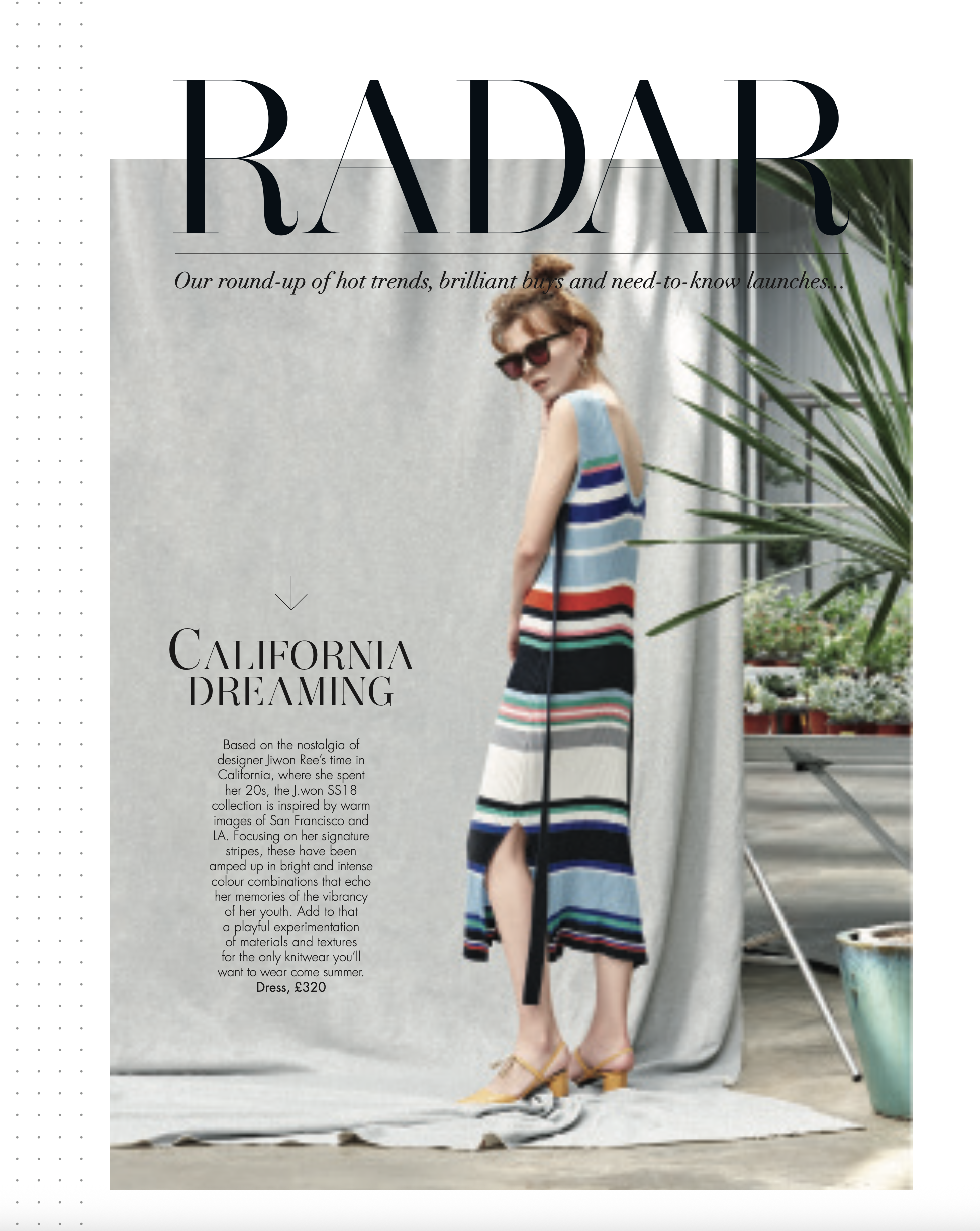 Fashion magazine page featuring a woman in a colorful striped maxi dress, standing outdoors near potted plants. The headline reads 'California Dreaming,' highlighting summer fashion.