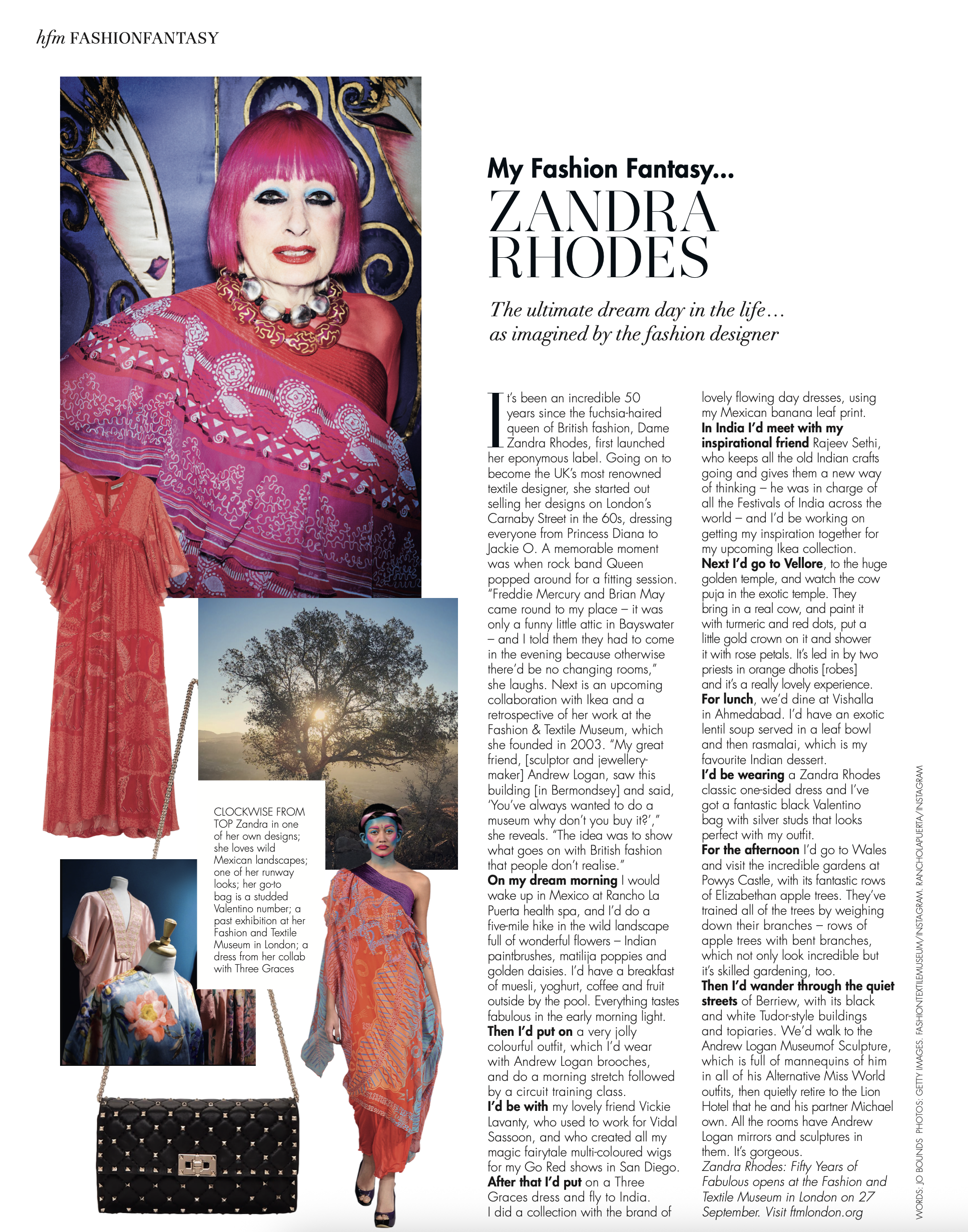 A woman with bright pink hair and bold makeup wearing a vibrant pink and red embroidered dress, accessorized with a statement necklace, standing against an ornate decorative background. Below her is a red lace dress and a black quilted handbag with a chain strap.