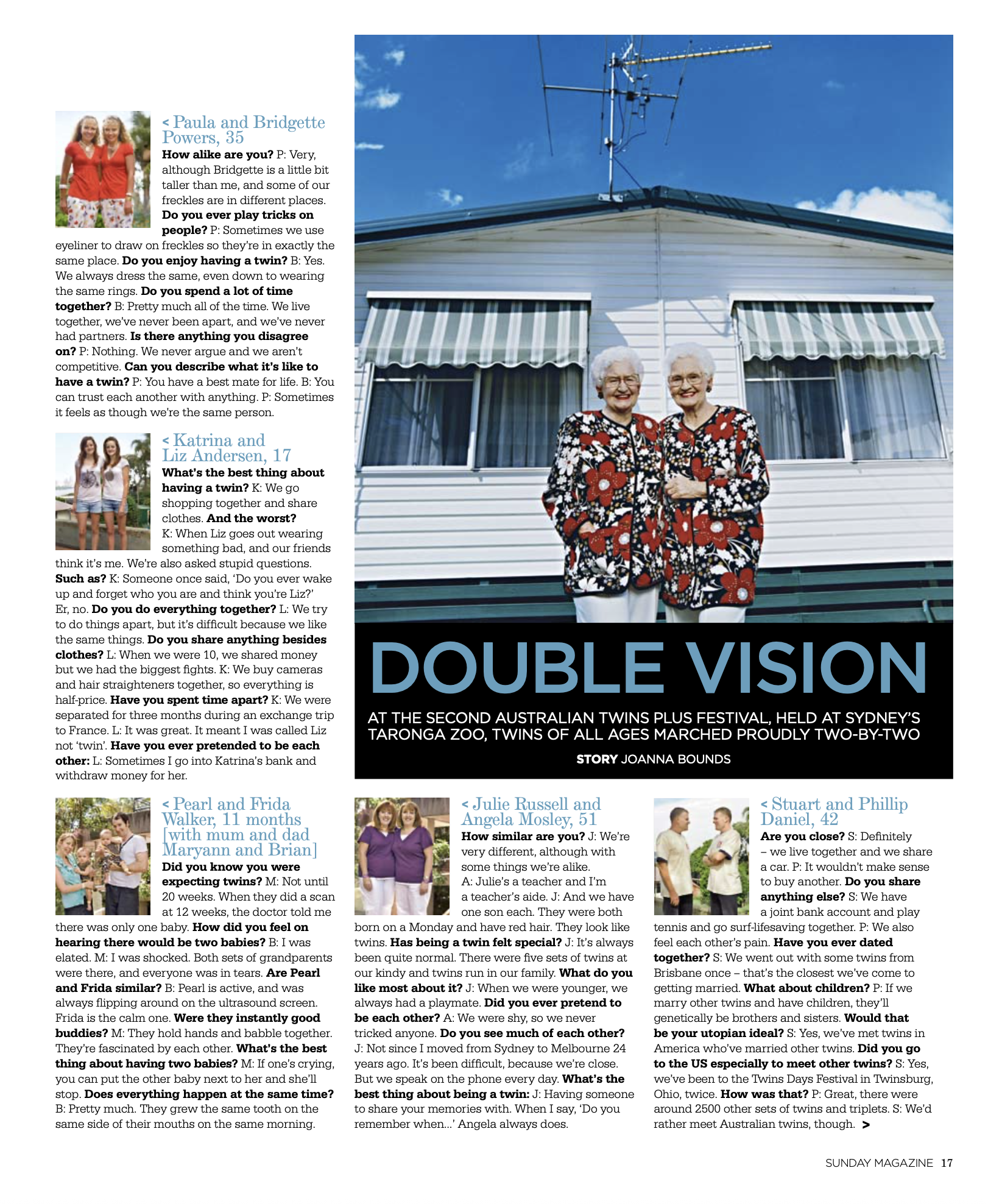 Magazine page featuring a group interview with Australian twin sisters, including photos of people and a building, with headlines about twin experiences and stories.
