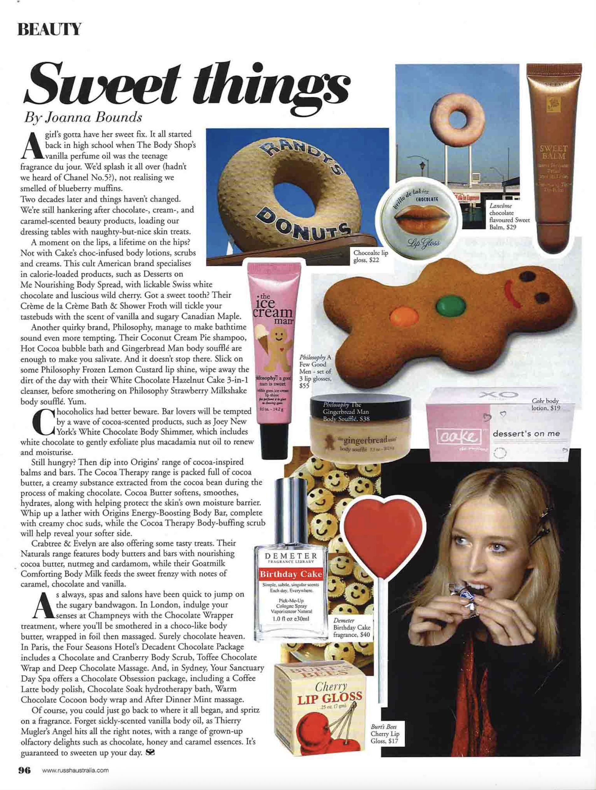 A magazine page titled 'Sweet things' by Joanna Bounds, featuring various sweet treats and beauty products, including a donut with 'RANDYS DONUTS' written on it, a Lip Glass container, Chocolate Flavored Sweet Balm, a Gingerbread Body Souffle, Cherry Lip Gloss, Burt's Bees Cherry Lip Gloss, and a Birthday Cake fragrance, along with a picture of a woman holding jewelry and smiling.