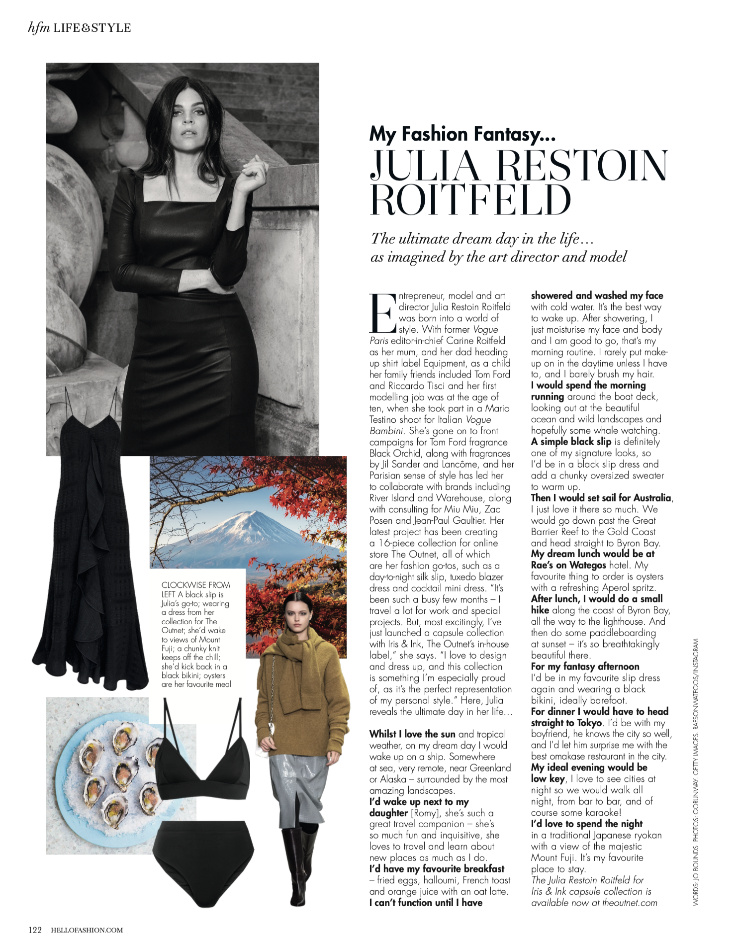 Fashion magazine page featuring a black and white photograph of a woman in a black dress, and colorful images including a Japanese meal, a mountain landscape, and a woman in a brown coat. The layout includes text and images.