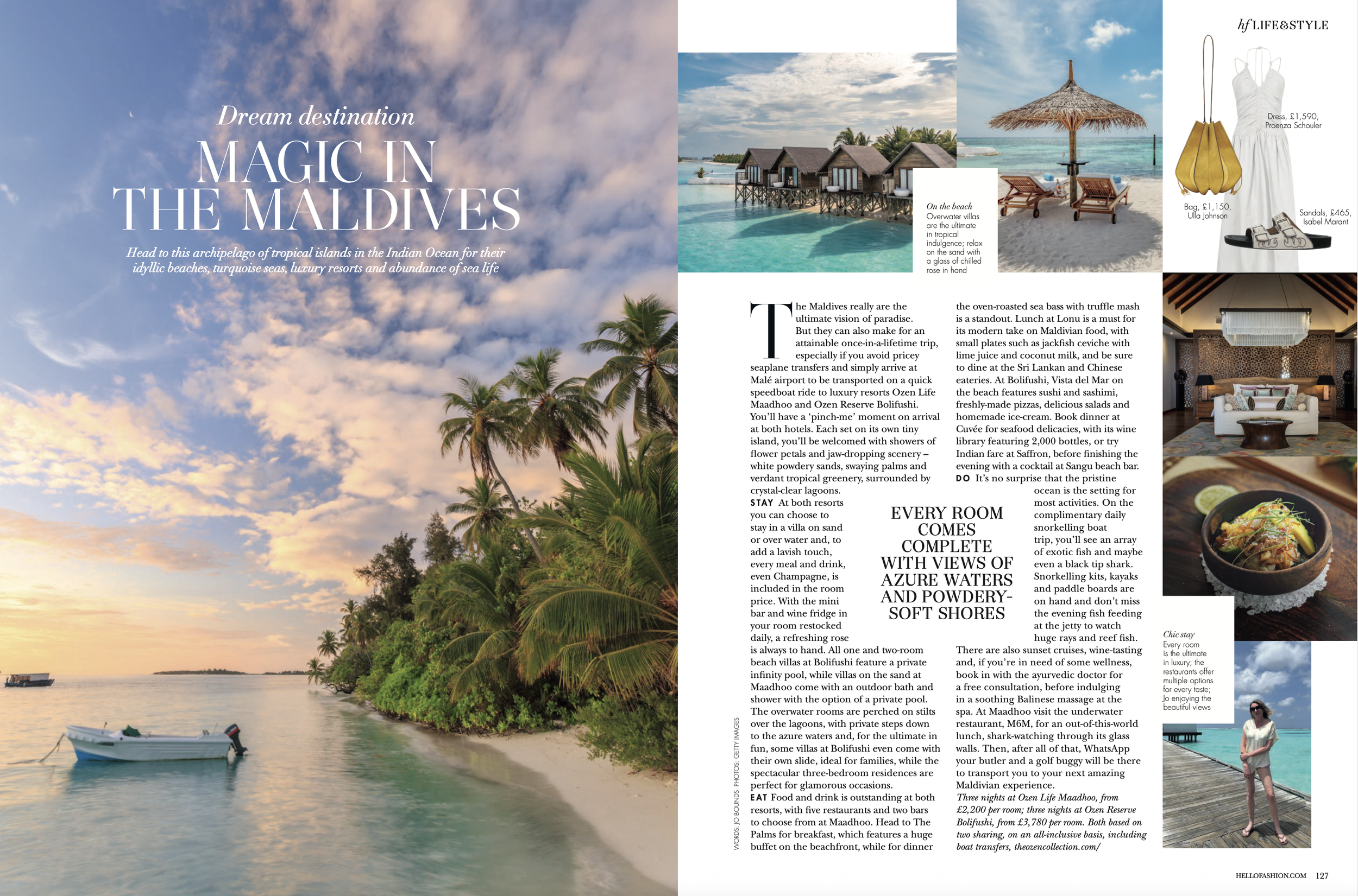 A tropical beach scene at sunset with palm trees along the shoreline, a boat on calm water, overwater bungalows on stilts, and a sky with wispy clouds and a crescent moon.