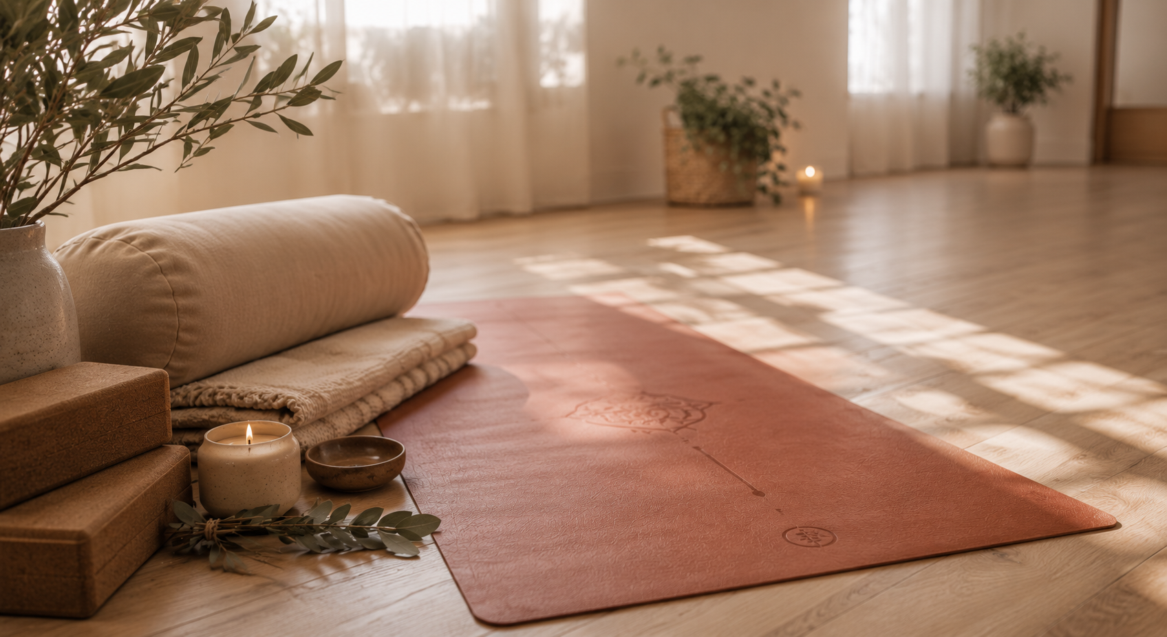 Yoga mat and meditation cushions in a calm, light-filled yoga space.