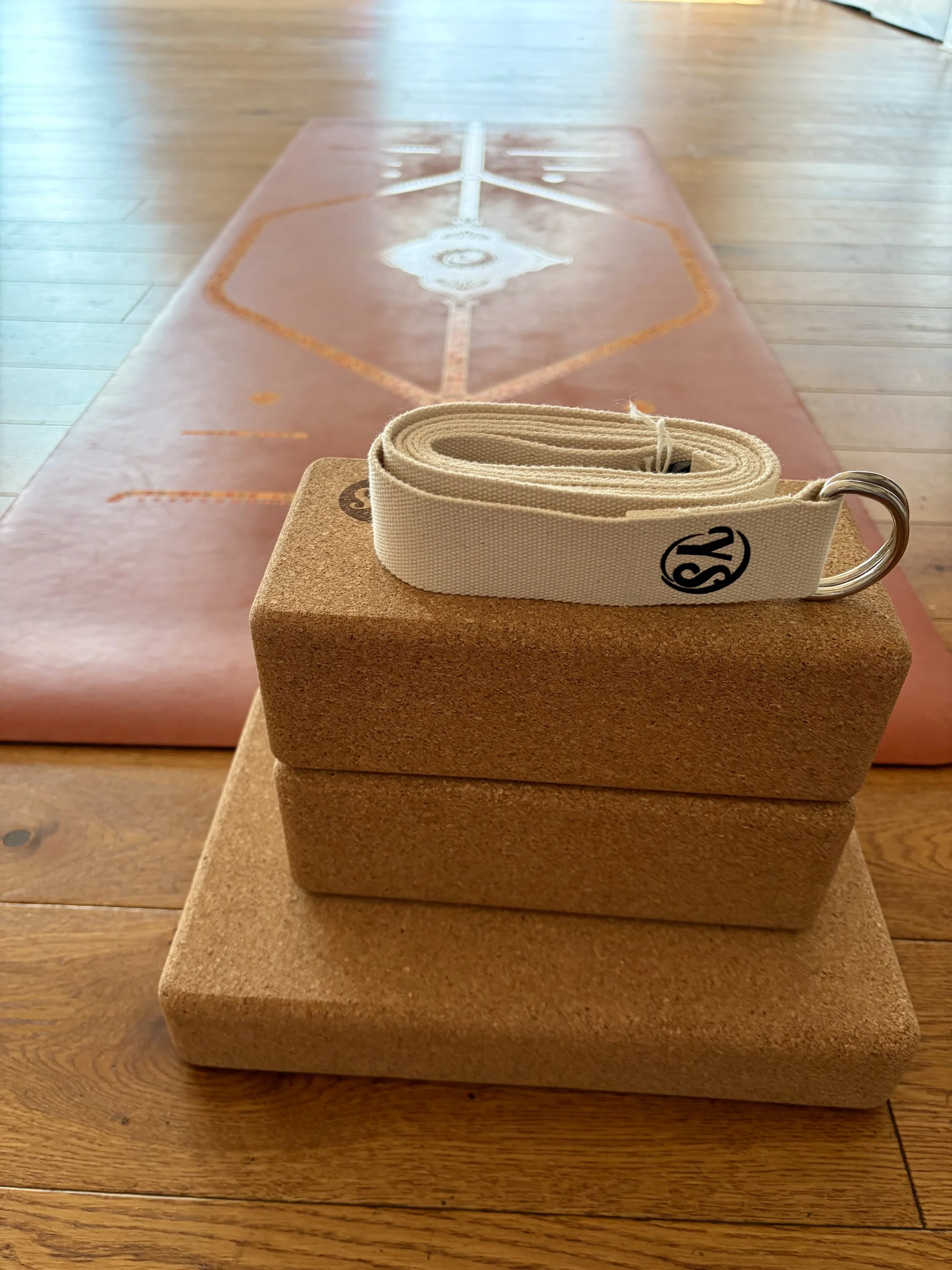 Yoga equipment provided at HEDCA in Gosport. Cork blocks and cream straps.