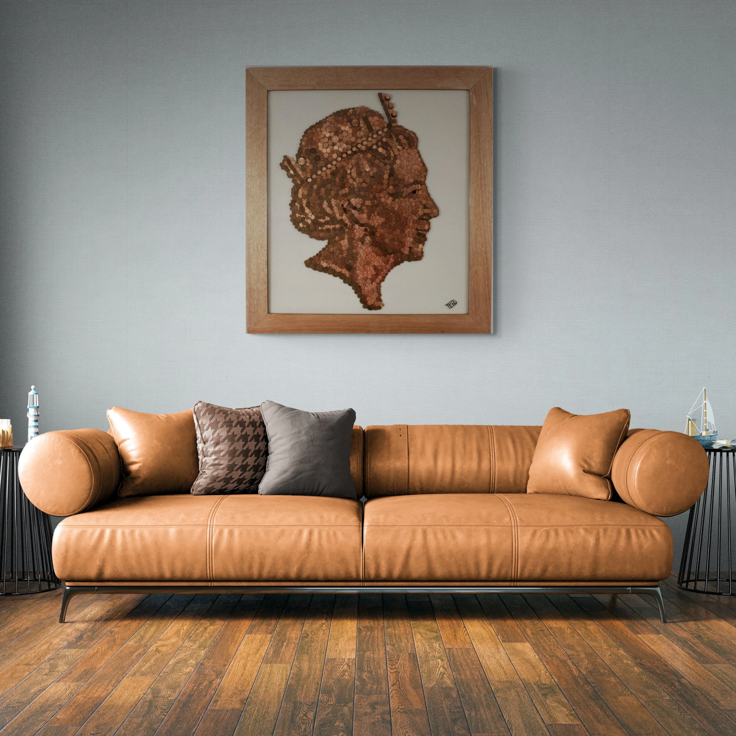 Made of Money, British penny mosaic of Queen Elizabeth II above a couch by Trig Art