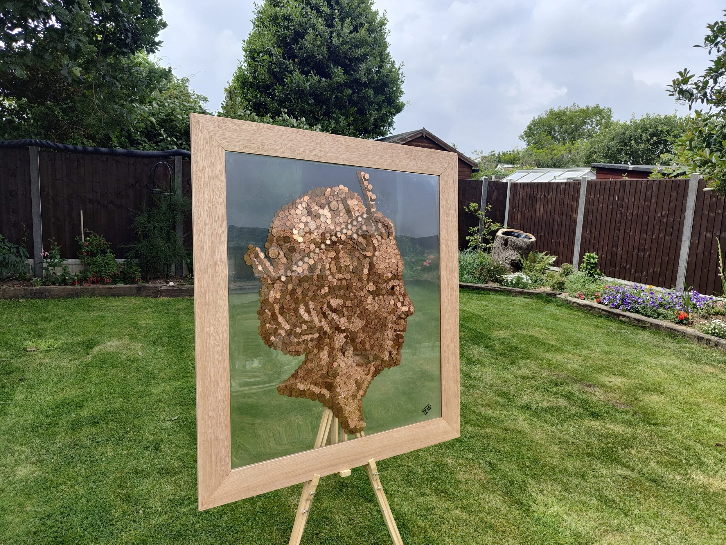 Made of Money, British penny mosaic of Queen Elizabeth II in a Garden Setting by Trig Art