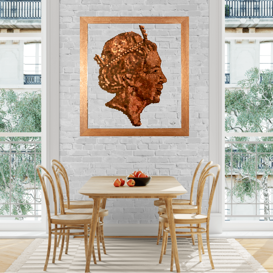Made of Money, British penny mosaic of Queen Elizabeth II  on Brick Wallby Trig Art