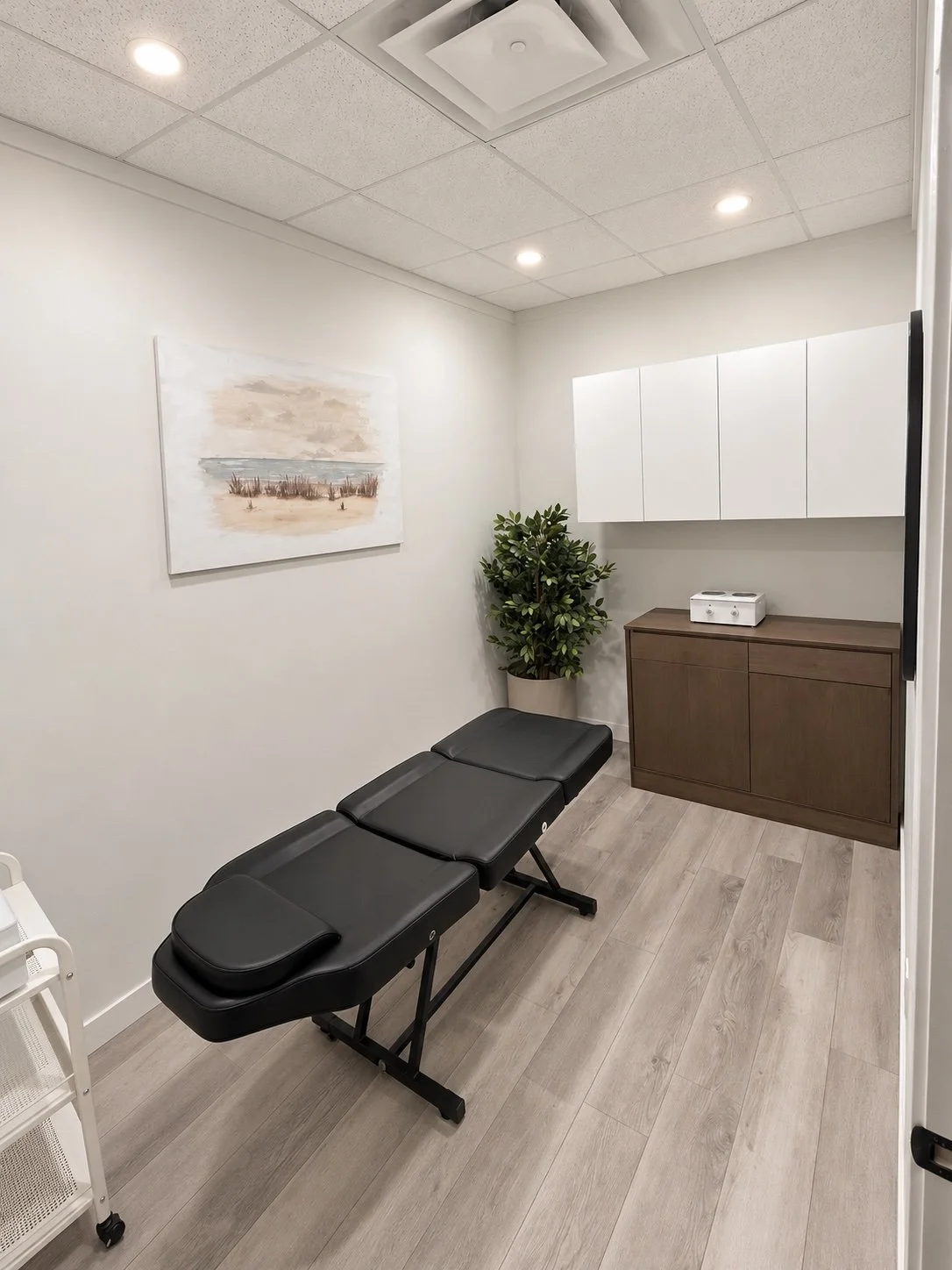 Empty medical examination room with a black adjustable chair, a potted plant, white cabinets on the wall, a wooden cabinet with a machine, and a framed beach landscape picture.