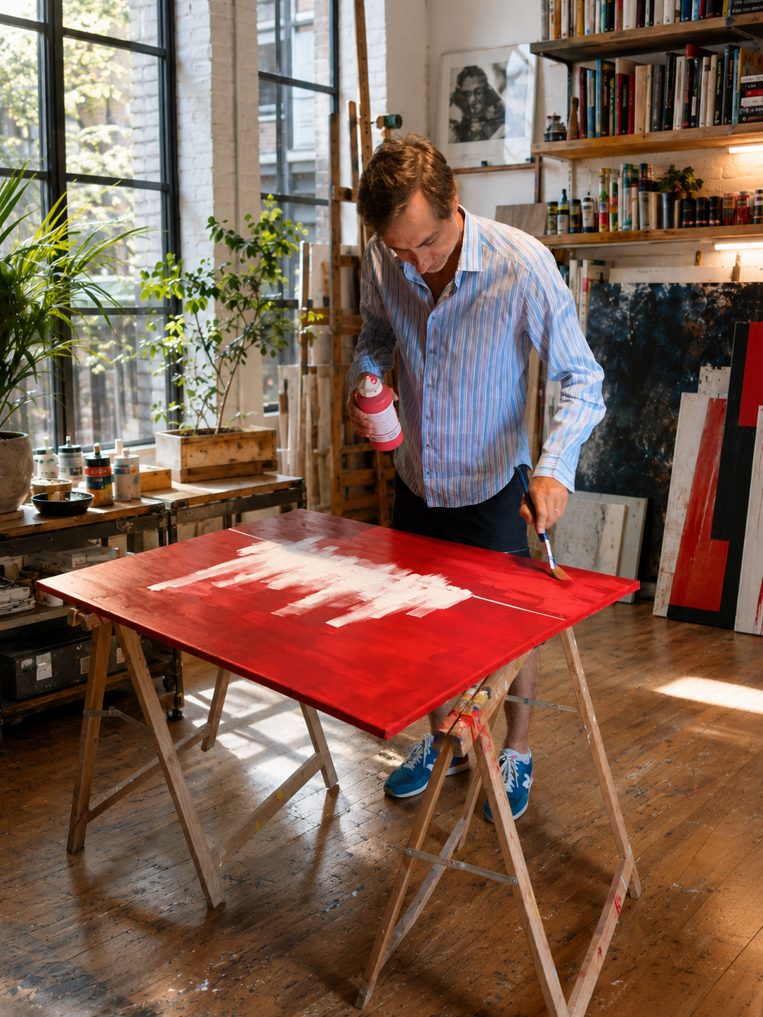 Eric Noé peint un tableau rouge et blanc dans un atelier lumineux avec des étagères de livres et de peinture.