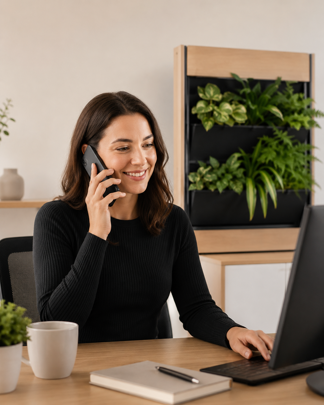 A woman smiling while talking on a cell phone at her desk with a laptop, a notebook, and two potted plants in a modern office with a bookshelf filled with green plants in the background.