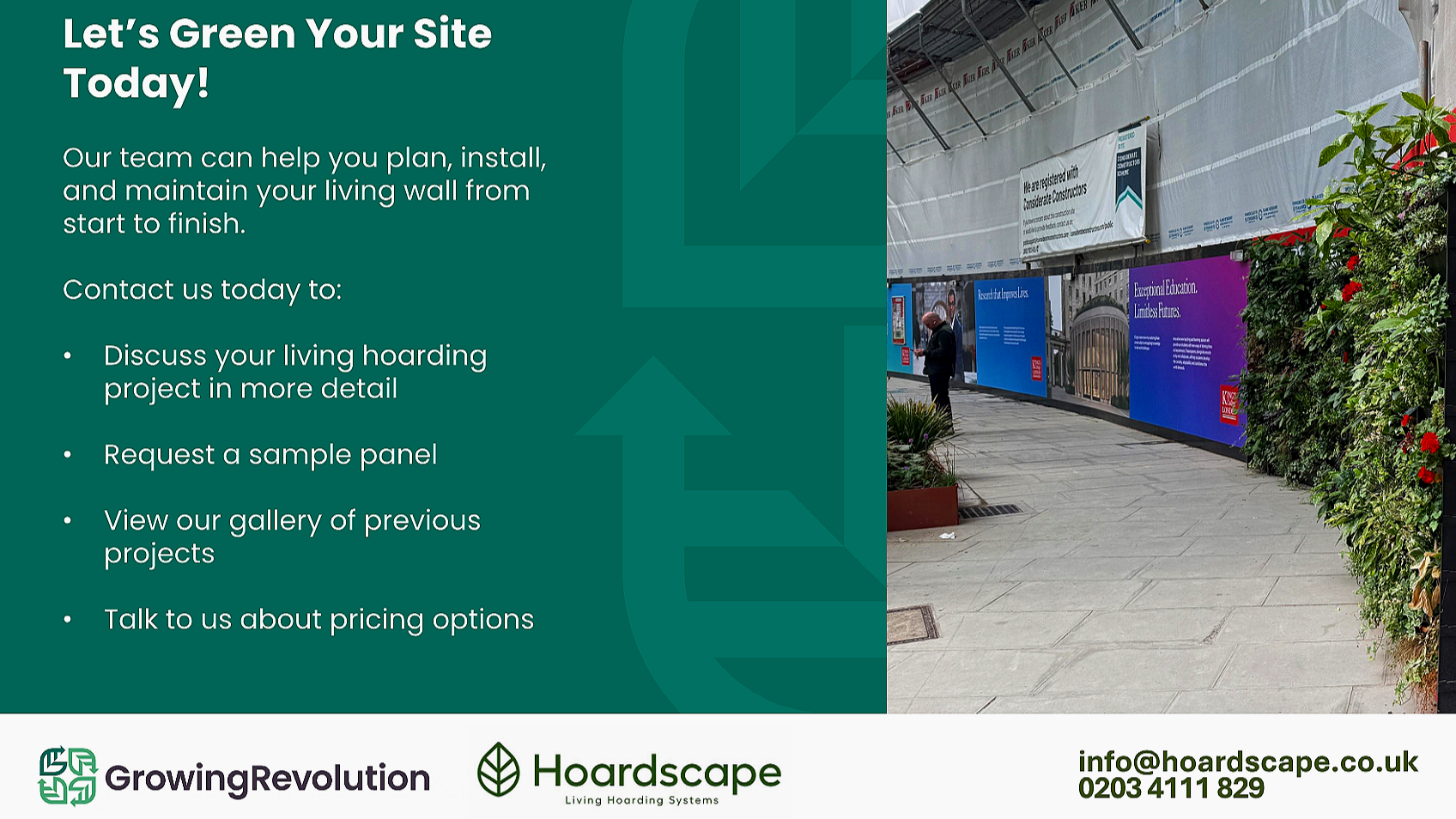 Advertisement for a green wall installation service, featuring a sidewalk with people and billboards along a city street.