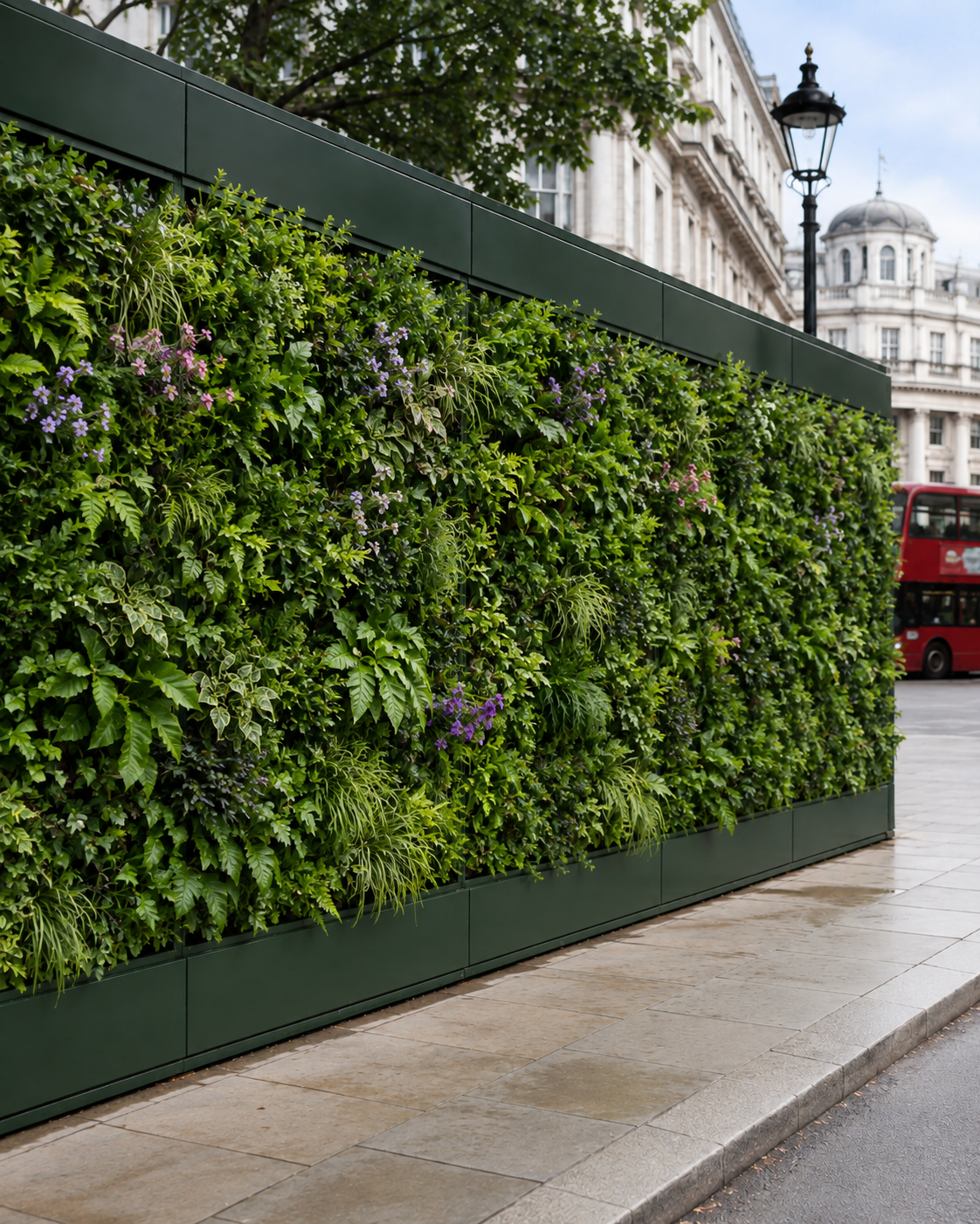 A green wall with various plants and small purple flowers on a city sidewalk, with a historic building and a red double-decker bus in the background.