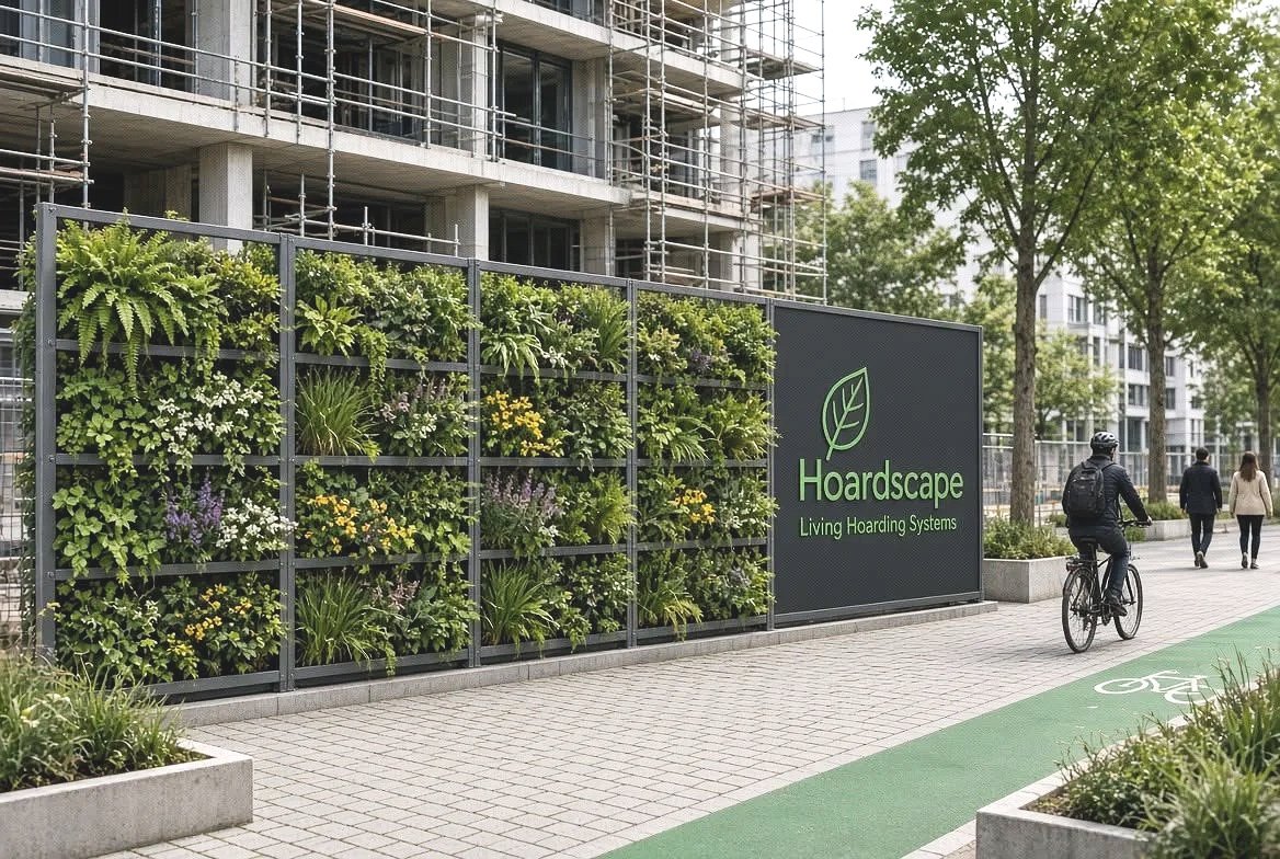 A green wall with plants beside a sign that reads "Hoardscape Living Hoarding Systems" in an urban area with pedestrians and a cyclist on a bike lane.