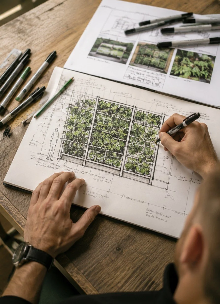 An architect sketching a garden design on paper with plans and reference photos of plants and greenery on a wooden table, surrounded by markers and a ruler.