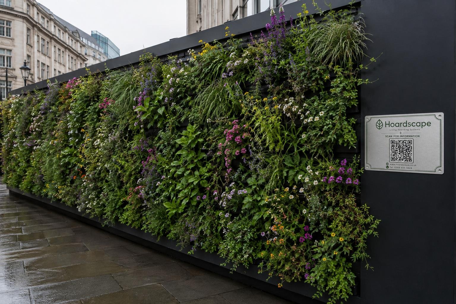 A tall, black vertical garden wall with various green plants and colorful flowers, on a city street with wet pavement and city buildings in the background.