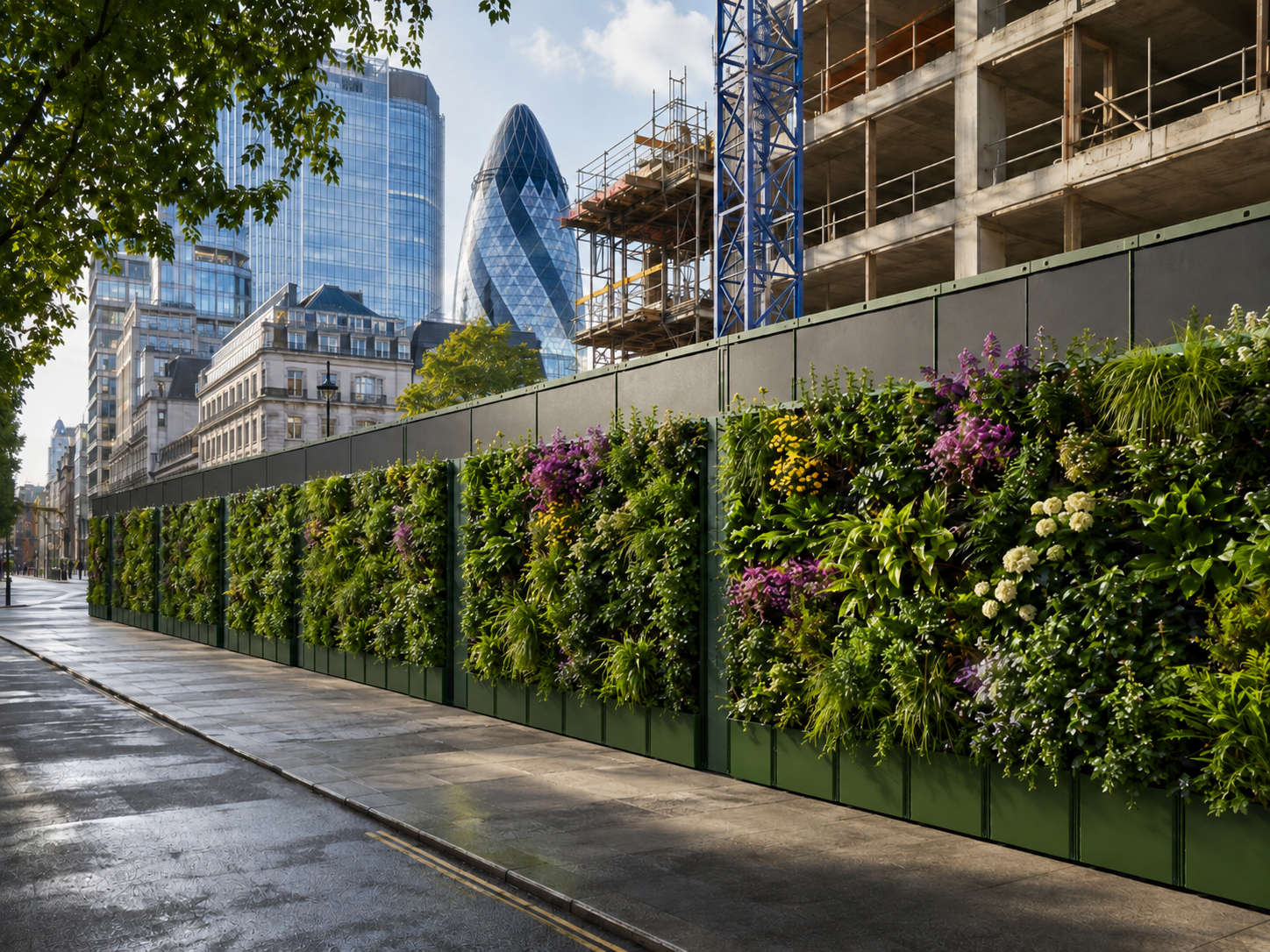A city street with a green living wall, trees, and modern skyscrapers, including the Gherkin building, in the background, alongside a construction site.
