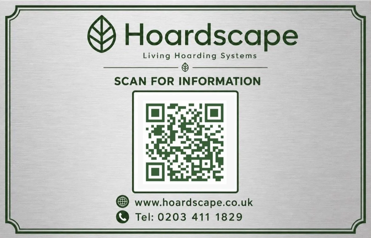 A business card for Hoardscape, a living hoarding systems company, featuring a QR code for more information, website URL, and phone number, all in green text and graphics on a gray background.