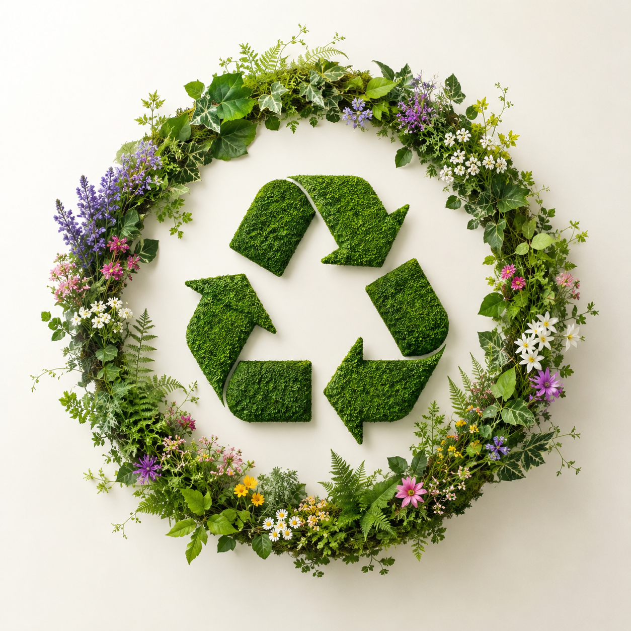 A recycling symbol made of green moss surrounded by a floral wreath with various colorful flowers and greenery.