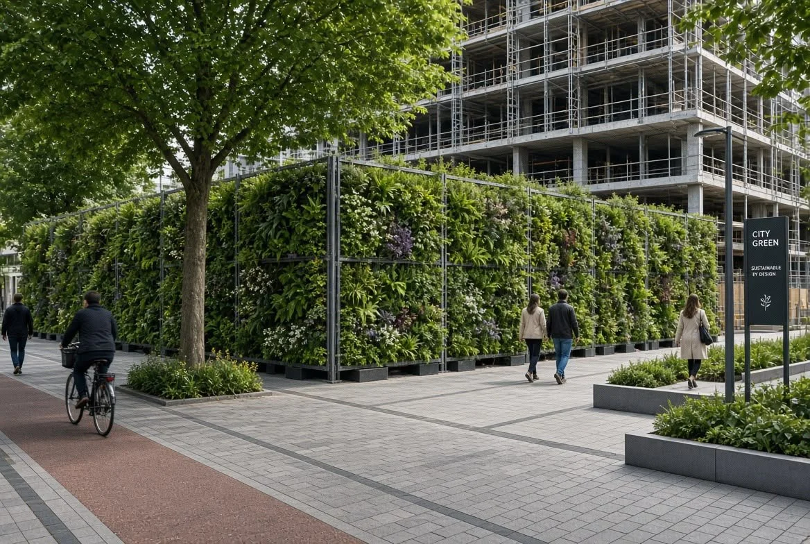 People walk and bike along a city sidewalk with green walls and trees, under construction buildings. Signs read 'City Green' and 'Sustainable by Design.'
