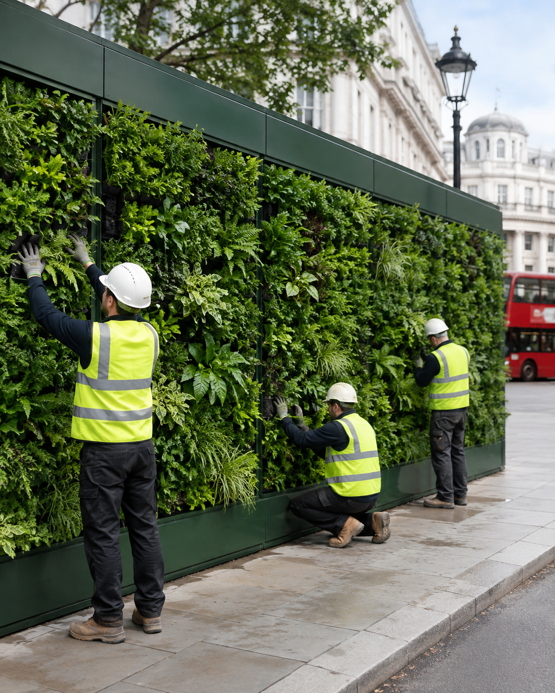 Three workers wearing safety vests and helmets installing or maintaining a vertical garden on a city sidewalk.