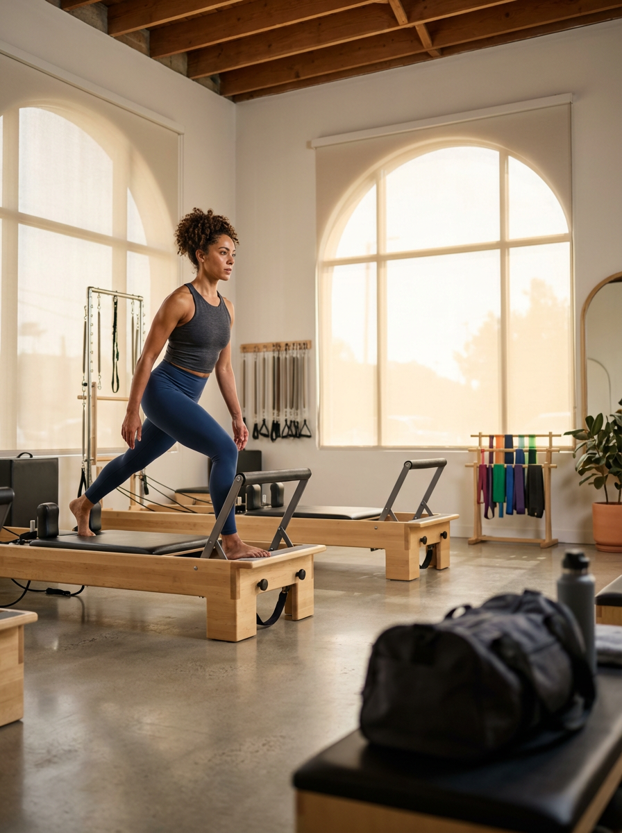 Une femme faisant de l'exercice sur un Reformer dans un studio de Pilates avec de grandes fenêtres laissant entrer la lumière naturelle.