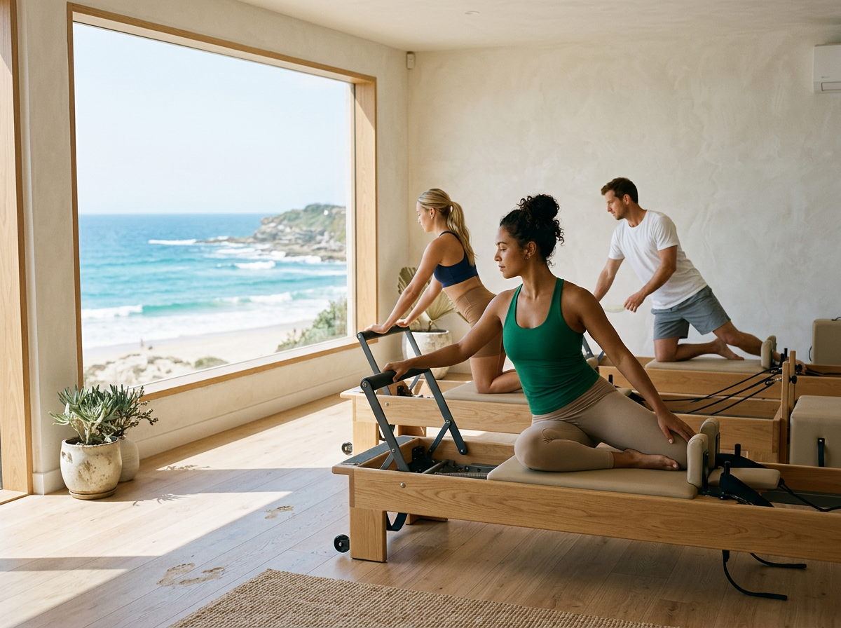Trois personnes font du Pilates dans un studio près d'une grande fenêtre avec vue sur la plage et l'océan.