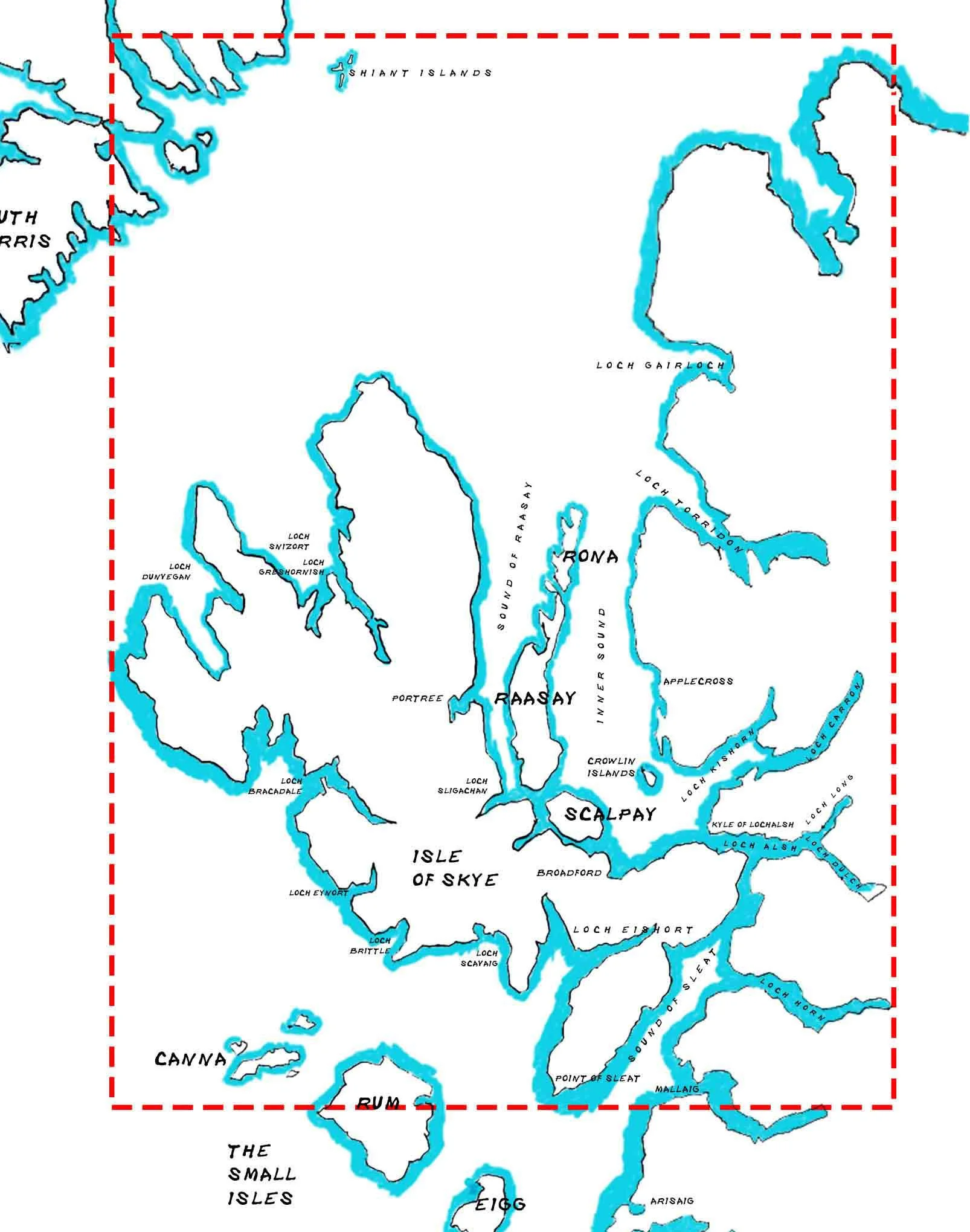 A map of Lochs and islands in a region, with labels including Loch Snizort, Loch Dunvegan, Isle of Skye, and Canna, surrounded by blue water.