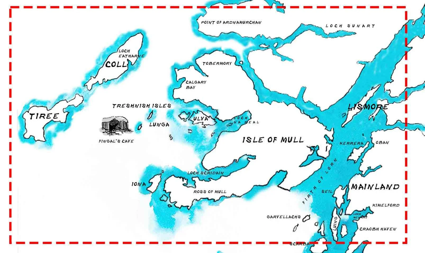 Map of the Isle of Mull and surrounding areas in Scotland, with lakes, islands, and locations labeled, including Fingal's Cave, Northern point, and Loch Sunart.