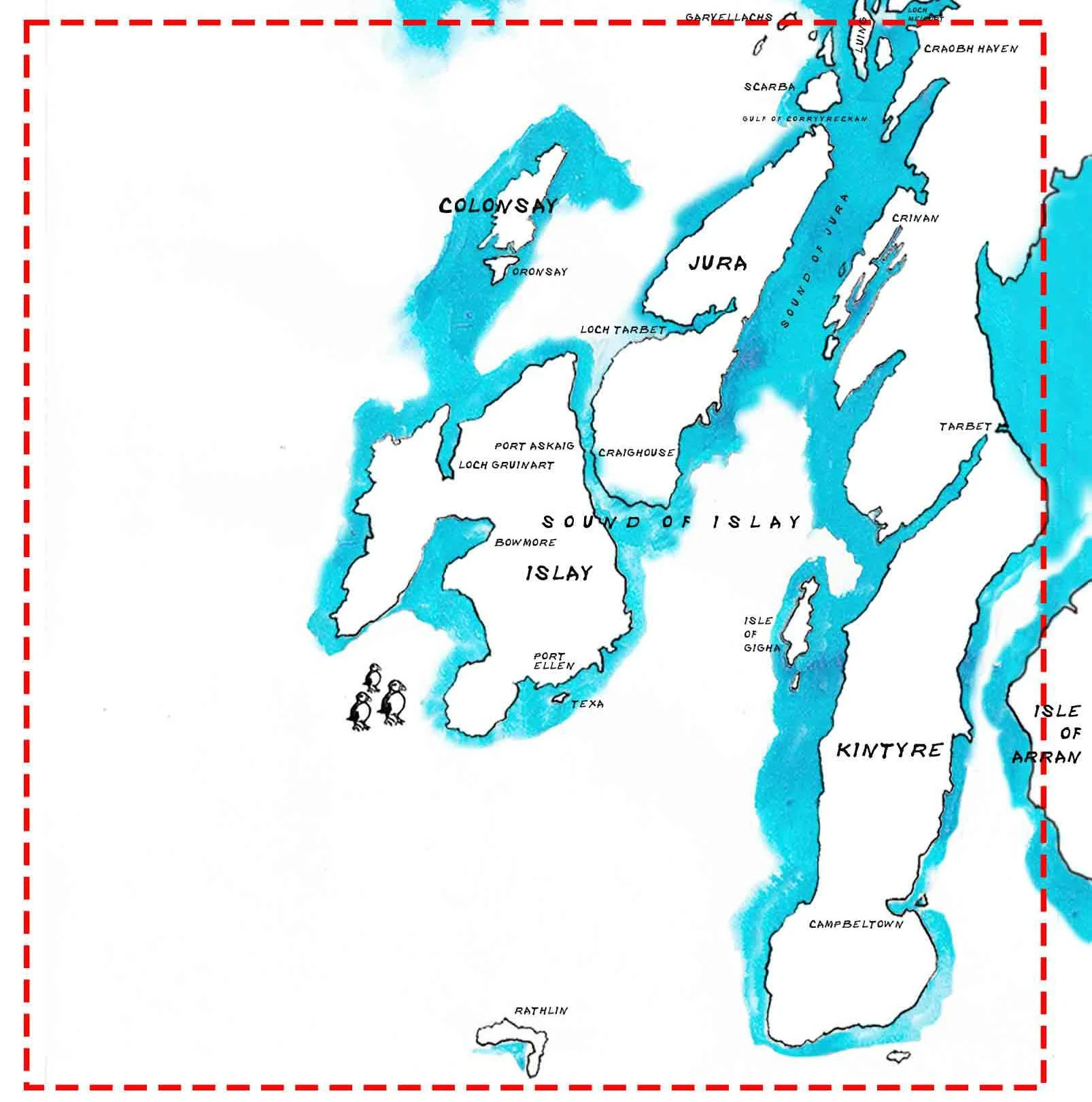 Map of Meath, Ireland, showing lakes and towns including Colonsay, Jura, Islay, and Kintyre with labels and illustrated birds on the Isle of Skye.