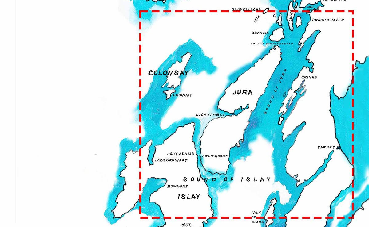 A map showing the western part of Scotland, including the Isle of Skye, Loch Ness, the Isle of Jura, and surrounding areas, with water bodies marked in blue and land in white, enclosed by a dashed red border.