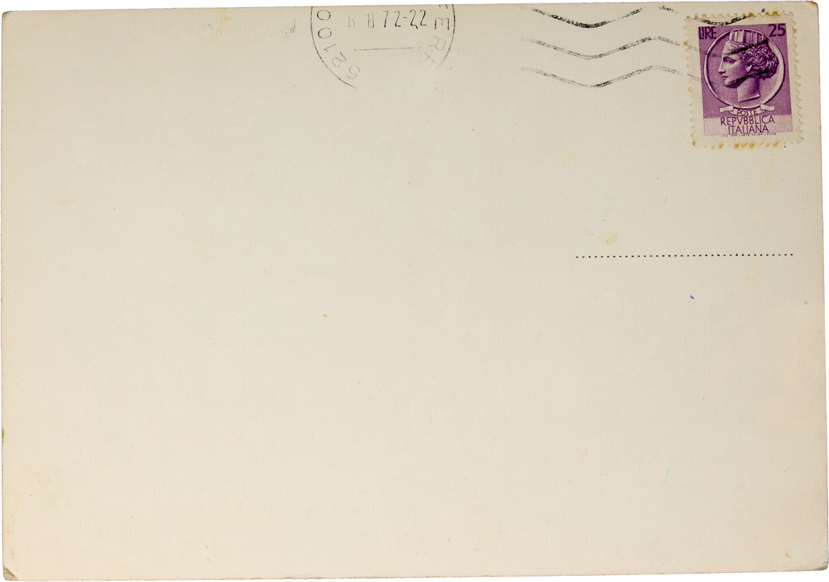 Back of a vintage postcard with a purple Italian postage stamp in the top right corner featuring a woman's profile.