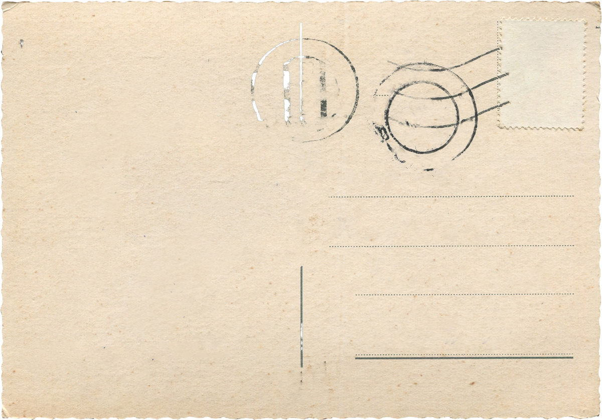 An old, beige postcard with postage marks and a blank section for writing an address.