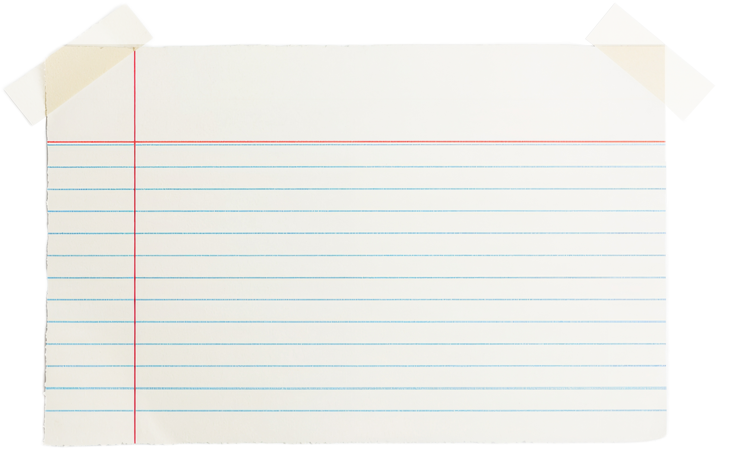 Close-up of a torn piece of lined notebook paper with red and blue lines, and torn edges on the left side.