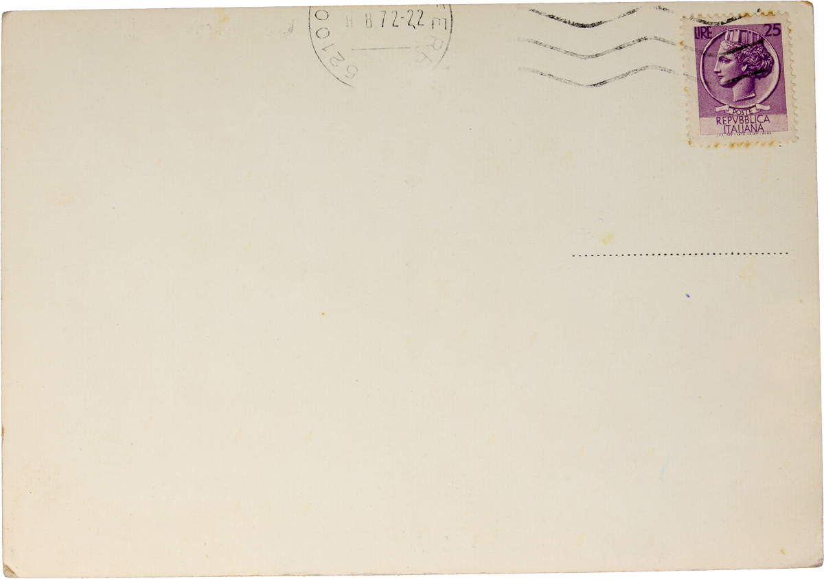 Back of a vintage postcard with a purple Italian postage stamp featuring a profile of a woman, postmark in the top right corner.