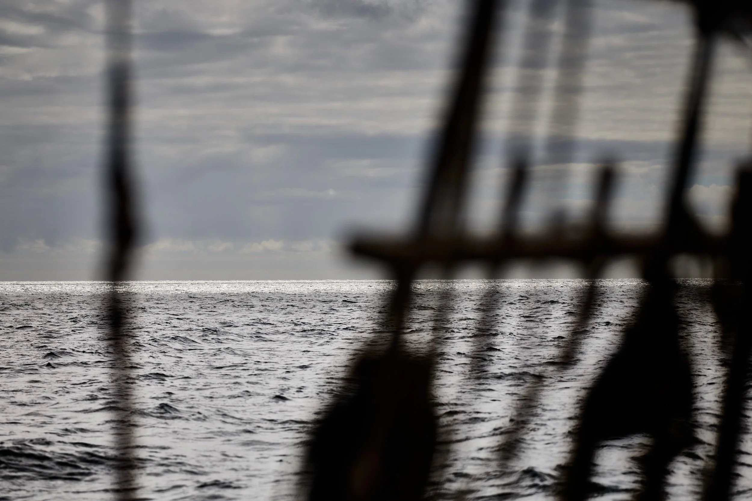 View of the ocean with a cloudy sky, seen through a black metal fence.