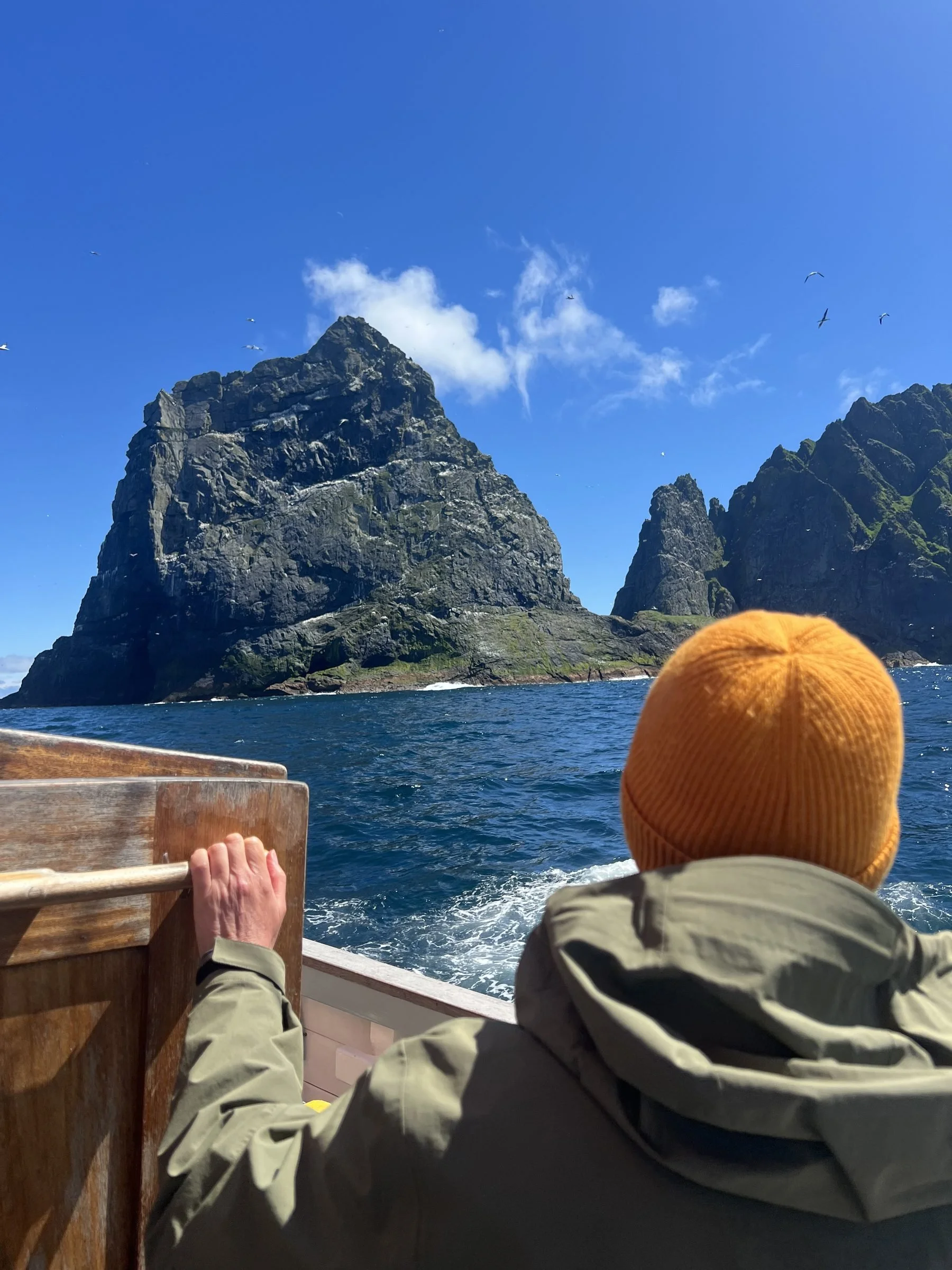 View from a boat showing large rocky islands with steep cliffs, surrounded by water, with seagulls flying in a clear blue sky.