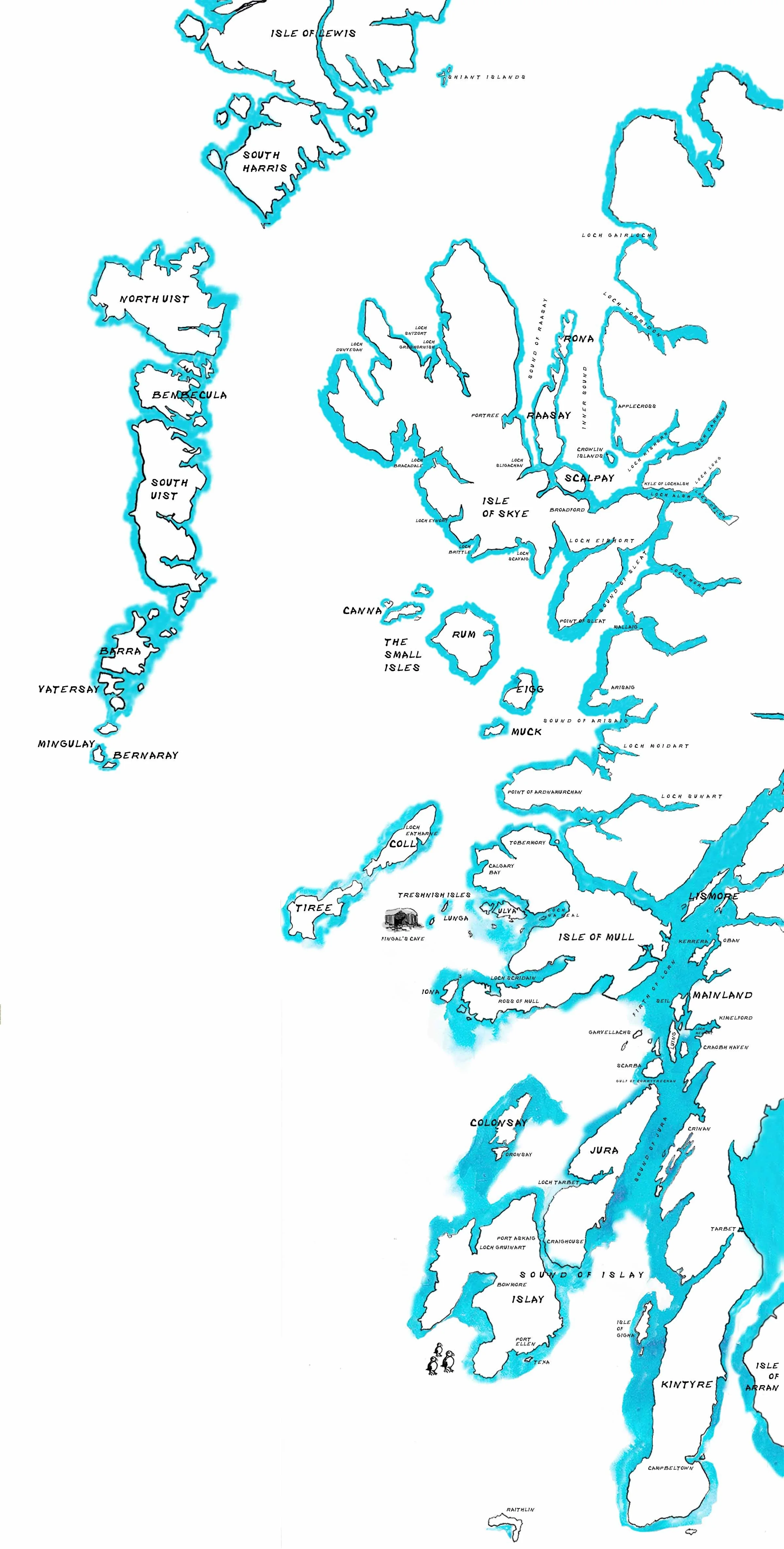 Map of the Scottish Highlands with lakes and islands labeled, including Isle of Lewis, South Harris, North Uist, South Uist, Barra, Tiree, Isle of Skye, Isle of Mull, and others, with blue water features and black text.