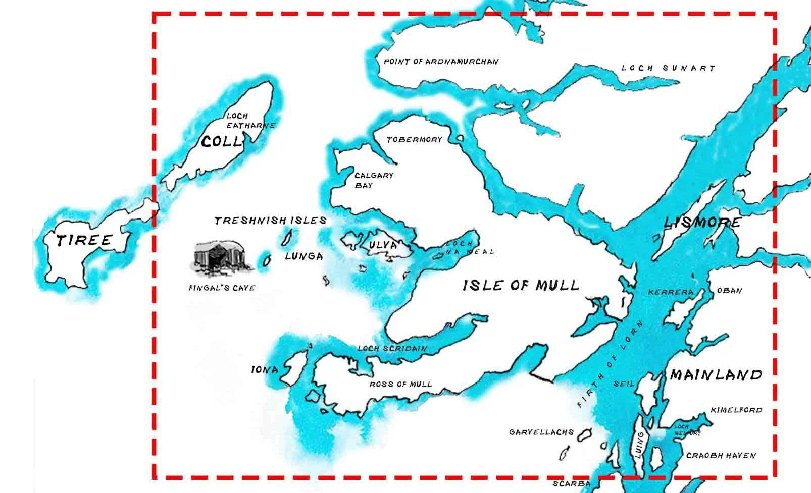 Map of the Scottish Highlands showing lakes, islands, and regions including Tiree, Coll, the Isle of Mull, and the Isle of Skye with handwritten labels and water features highlighted in blue.