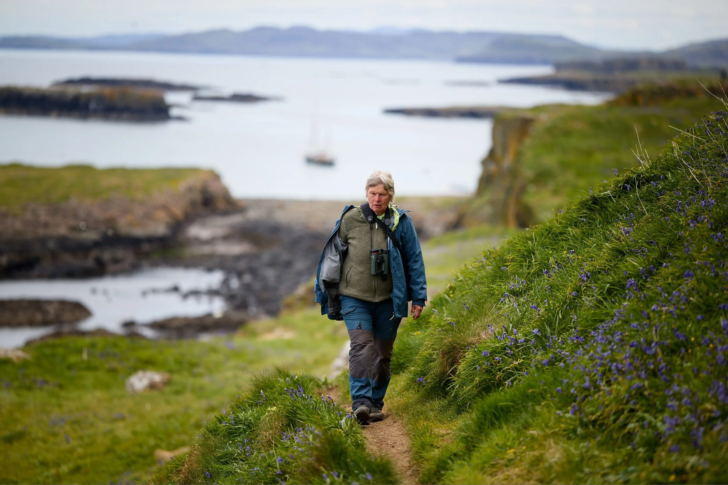 An older man with gray hair, wearing a gray jacket and blue pants, hiking along a narrow dirt trail beside lush green grass and purple flowers, with a body of water and islands in the background.
