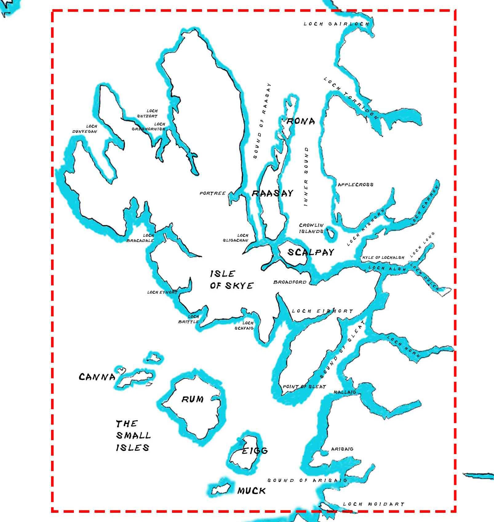 Map of a series of lakes and islands, including Loch Ness, Canna, Rum, Eigg, Muck, and other locations in Scotland.