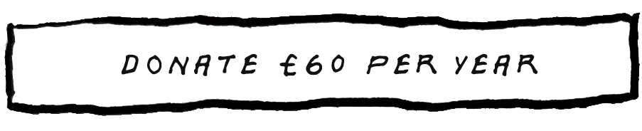 Hand-drawn sign reading 'Donate €60 per year' with a black border.