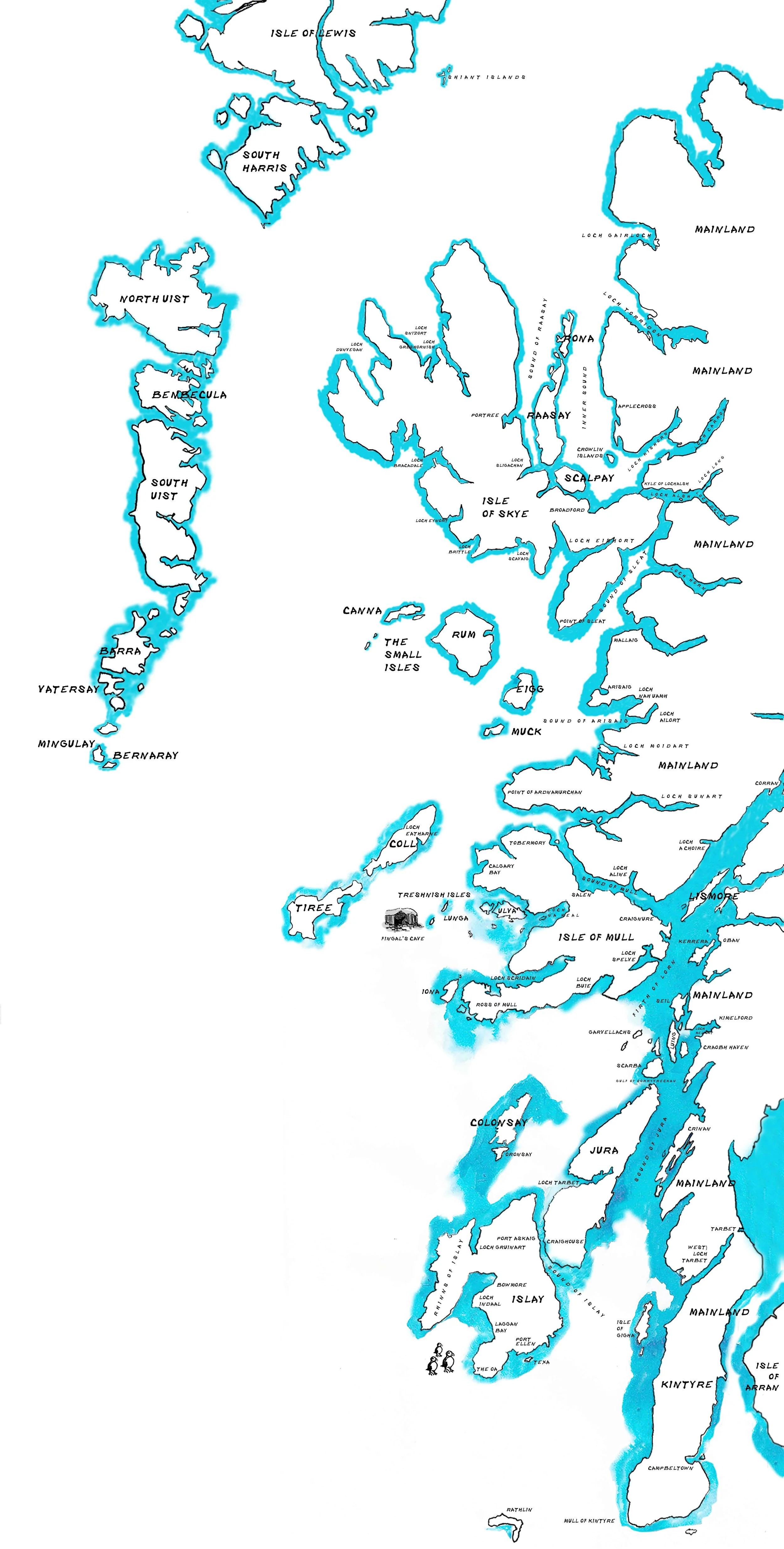 Map of the Scottish Highlands and surrounding islands, including the Isle of Lewis, South Harris, North Uist, South Uist, Barra, Tiree, Colonsay, Jura, and other islands with blue water and black outlines.