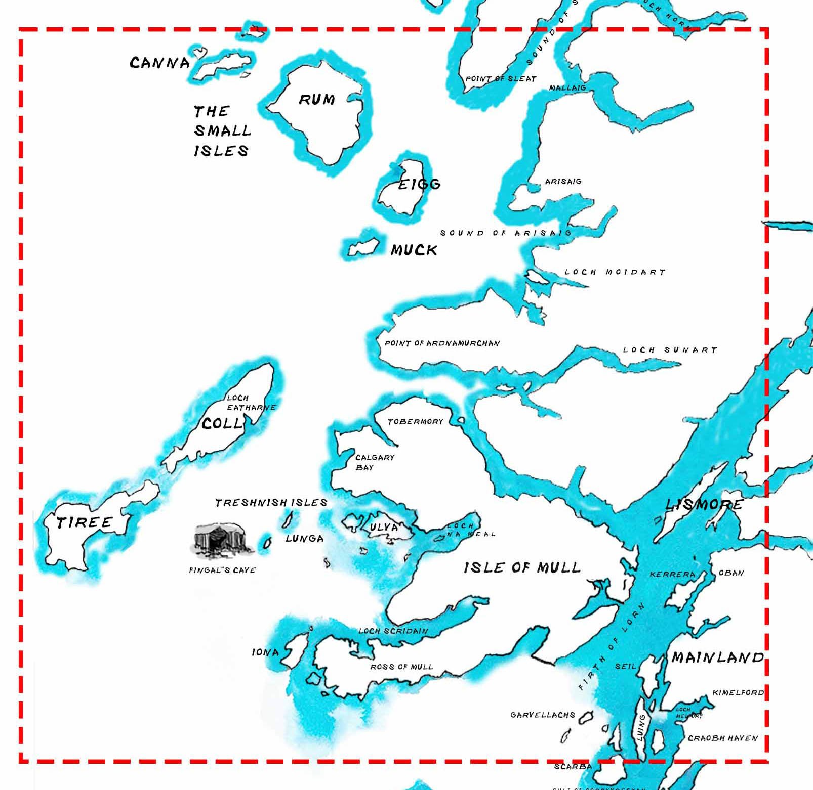 Map of the Isle of Skye with lakes, islands, points of interest, and names of locations labeled, including Canna, Rum, Eigg, Muck, Coll, Tiree, and the Isle of Mull.