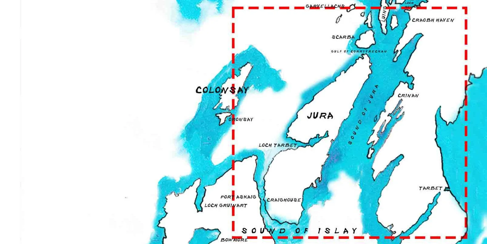 Map of a lake with labeled islands, bays, and sound. The map features colors in blue and white, with a red dashed boundary box. Key labels include Colonsay, Jura, Loch Tarbet, Isle of Skye, and surrounding features of the lake.